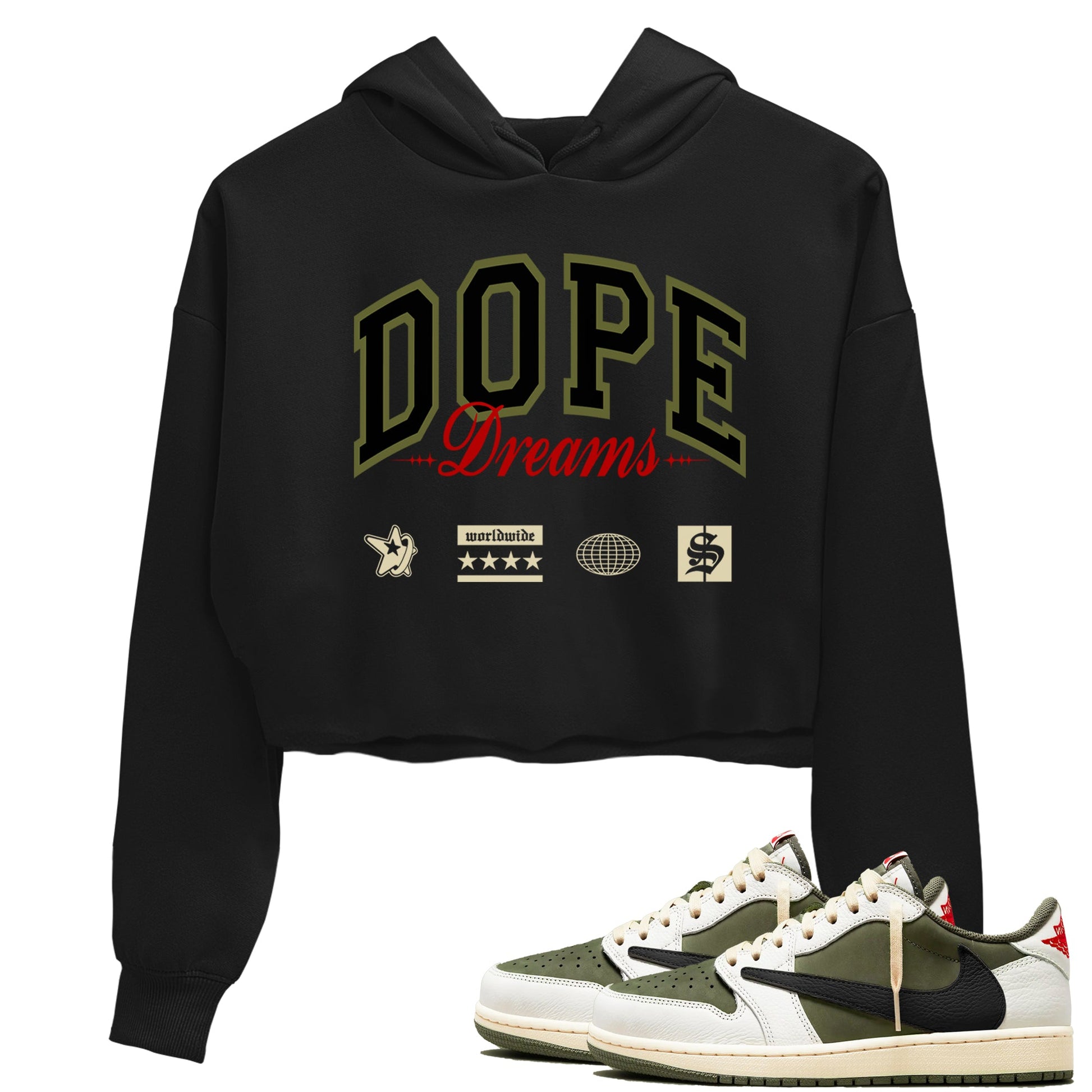 Jordan 1 Olive t shirts to match sneakers Dope Dreams sneaker match tees Air Jordan 1 Low x Travis Scott Reverse Olive tee SNRT Sneaker Tees unisex cotton Black 1 crop tee