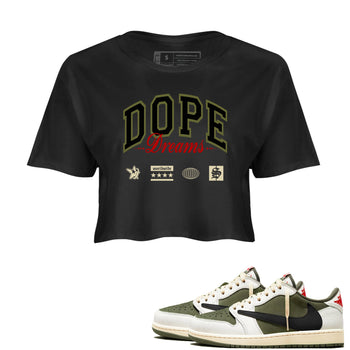 Jordan 1 Olive t shirts to match sneakers Dope Dreams sneaker match tees Air Jordan 1 Low x Travis Scott Reverse Olive tee SNRT Sneaker Tees unisex cotton Black 1 crop tee