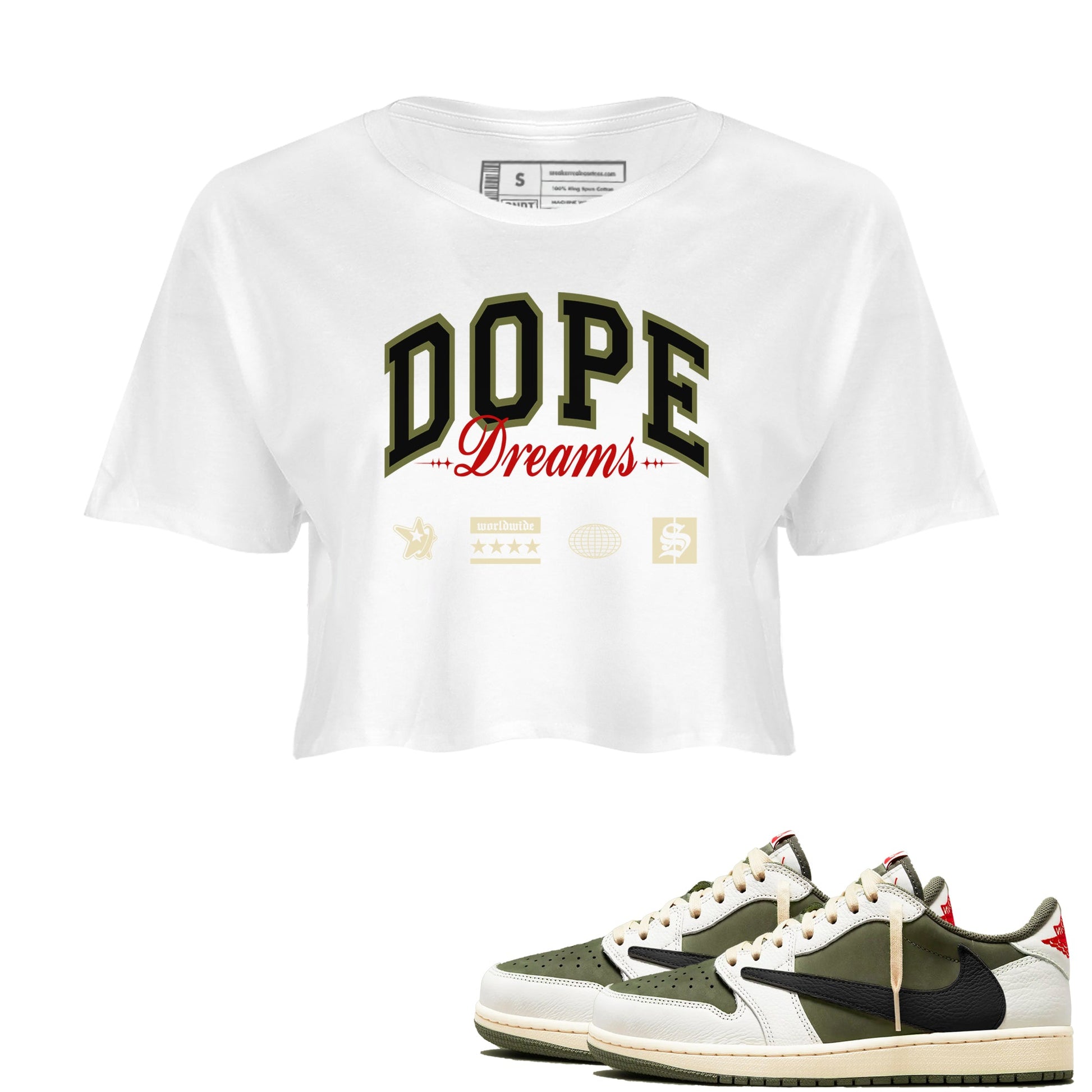 Jordan 1 Olive t shirts to match sneakers Dope Dreams sneaker match tees Air Jordan 1 Low x Travis Scott Reverse Olive tee SNRT Sneaker Tees unisex cotton White 1 crop tee
