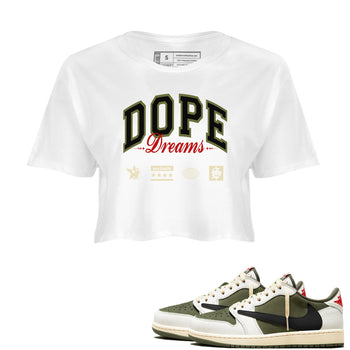 Jordan 1 Olive t shirts to match sneakers Dope Dreams sneaker match tees Air Jordan 1 Low x Travis Scott Reverse Olive tee SNRT Sneaker Tees unisex cotton White 1 crop tee
