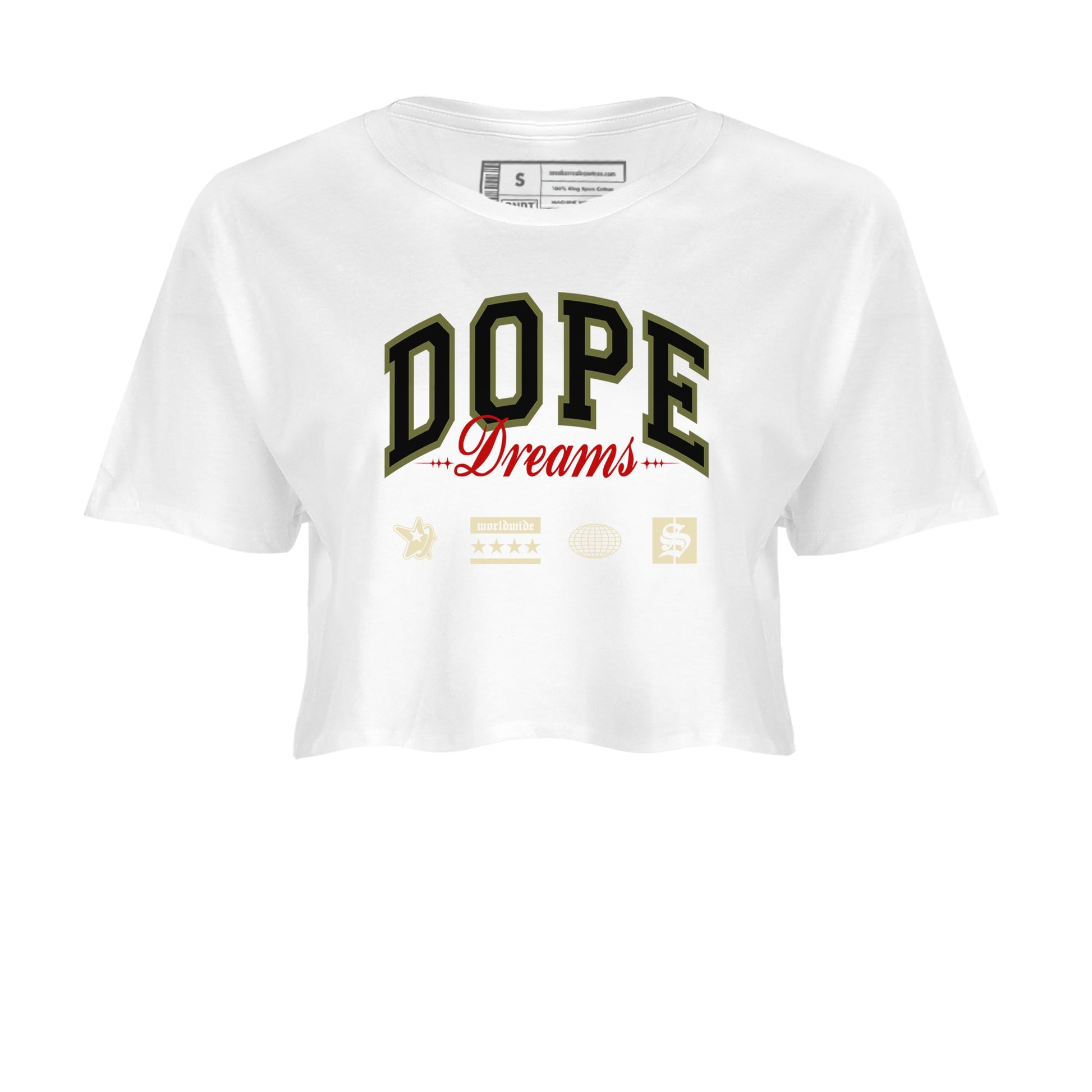 Jordan 1 Olive t shirts to match sneakers Dope Dreams sneaker match tees Air Jordan 1 Low x Travis Scott Reverse Olive tee SNRT Sneaker Tees unisex cotton White 2 crop tee