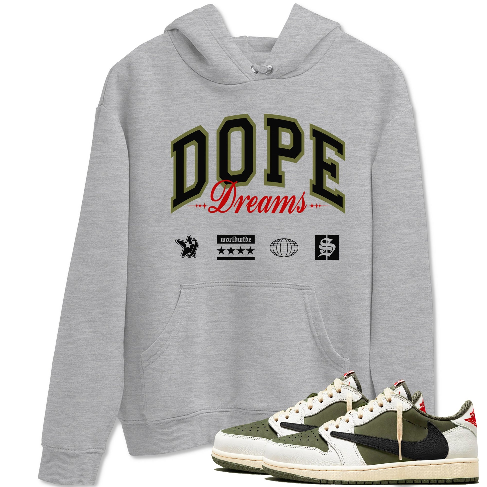 Jordan 1 Olive t shirts to match sneakers Dope Dreams sneaker match tees Air Jordan 1 Low x Travis Scott Reverse Olive tee SNRT Sneaker Tees unisex cotton Heather Grey 1 shirts