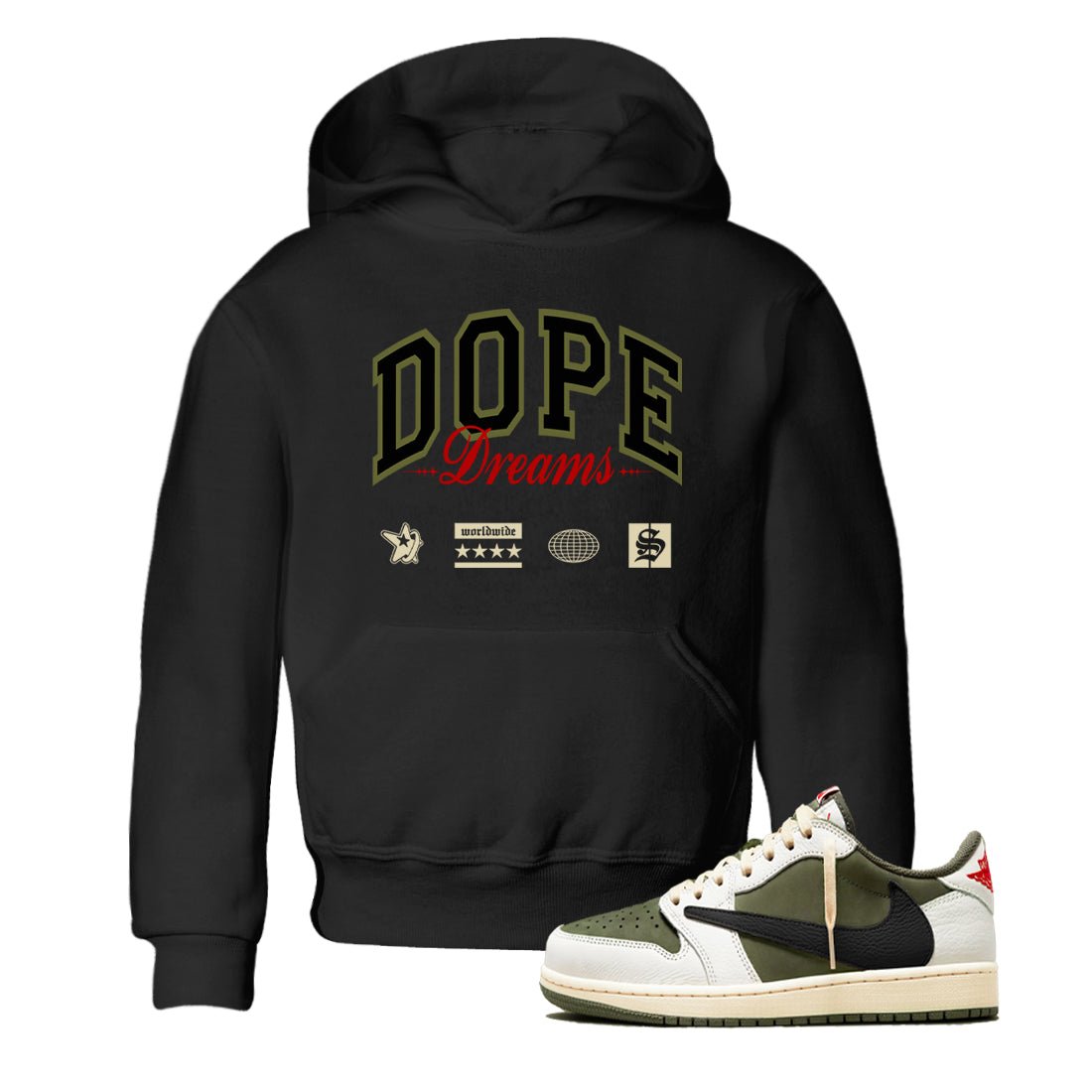 Jordan 1 Olive t shirts to match sneakers Dope Dreams sneaker match tees Air Jordan 1 Low x Travis Scott Reverse Olive tee SNRT Sneaker Tees Youth Baby Black 1 tee