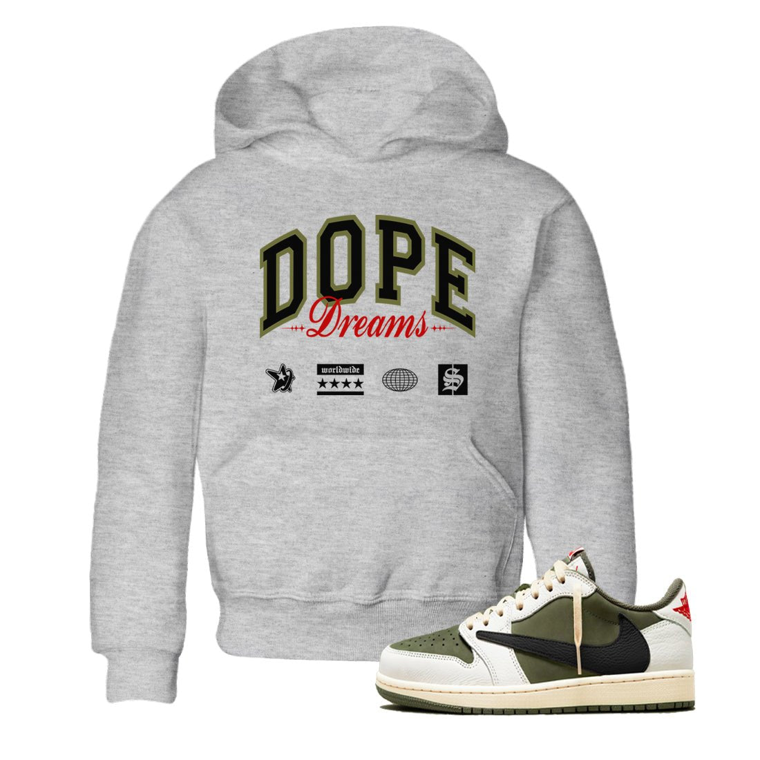 Jordan 1 Olive t shirts to match sneakers Dope Dreams sneaker match tees Air Jordan 1 Low x Travis Scott Reverse Olive tee SNRT Sneaker Tees Youth Baby Heather Grey 1 tee