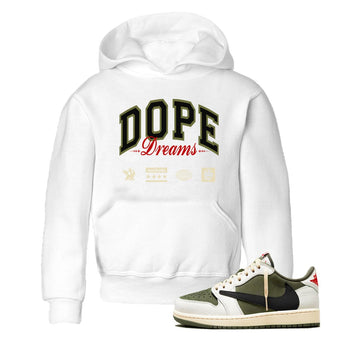 Jordan 1 Olive t shirts to match sneakers Dope Dreams sneaker match tees Air Jordan 1 Low x Travis Scott Reverse Olive tee SNRT Sneaker Tees Youth Baby White 1 tee