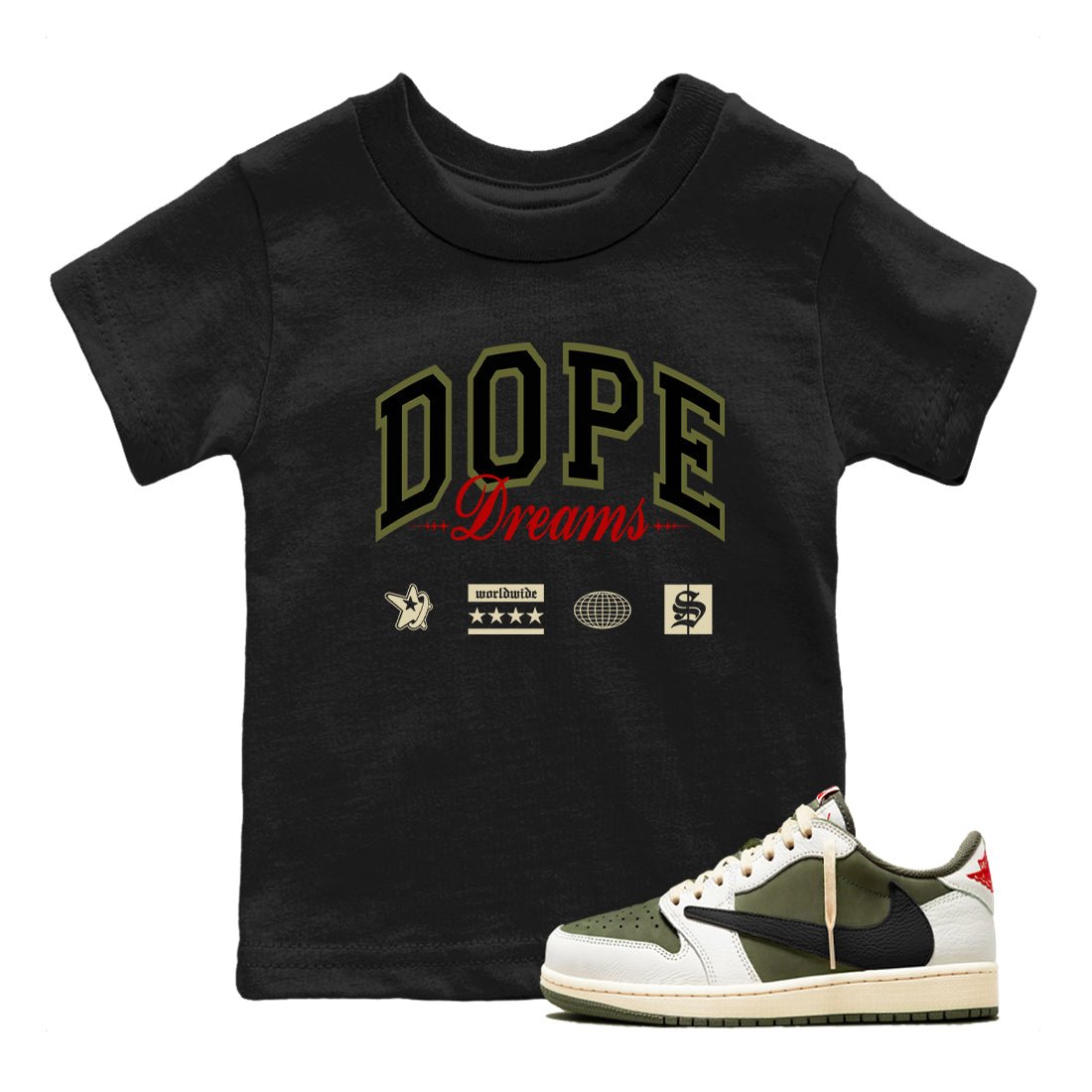 Jordan 1 Olive t shirts to match sneakers Dope Dreams sneaker match tees Air Jordan 1 Low x Travis Scott Reverse Olive tee SNRT Sneaker Tees Youth Baby Black 1 tee