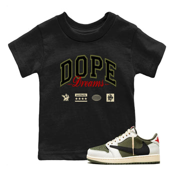 Jordan 1 Olive t shirts to match sneakers Dope Dreams sneaker match tees Air Jordan 1 Low x Travis Scott Reverse Olive tee SNRT Sneaker Tees Youth Baby Black 1 tee