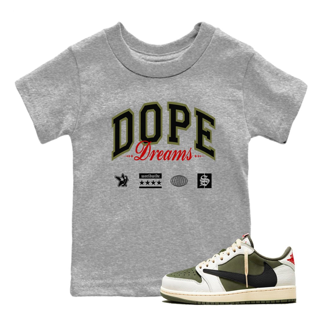 Jordan 1 Olive t shirts to match sneakers Dope Dreams sneaker match tees Air Jordan 1 Low x Travis Scott Reverse Olive tee SNRT Sneaker Tees Youth Baby Heather Grey 1 tee