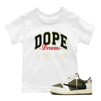 Jordan 1 Olive t shirts to match sneakers Dope Dreams sneaker match tees Air Jordan 1 Low x Travis Scott Reverse Olive tee SNRT Sneaker Tees Youth Baby White 1 tee