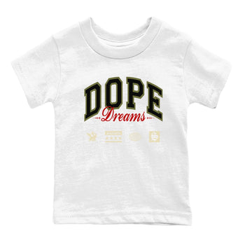 Jordan 1 Olive t shirts to match sneakers Dope Dreams sneaker match tees Air Jordan 1 Low x Travis Scott Reverse Olive tee SNRT Sneaker Tees Youth Baby White 2 tee