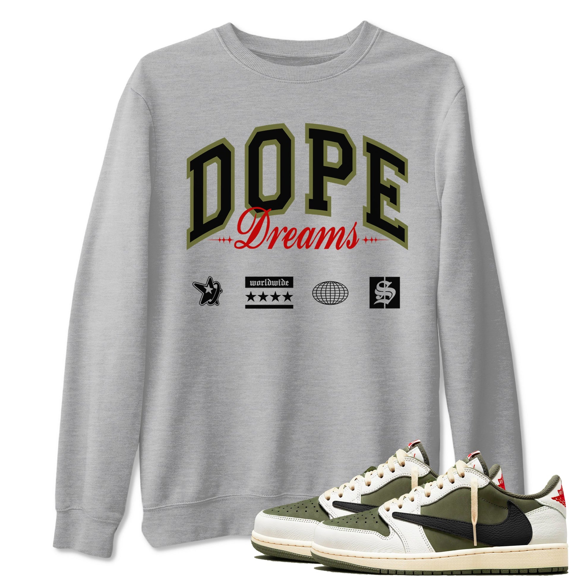 Jordan 1 Olive t shirts to match sneakers Dope Dreams sneaker match tees Air Jordan 1 Low x Travis Scott Reverse Olive tee SNRT Sneaker Tees unisex cotton Heather Grey 1 shirts