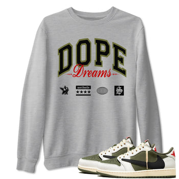 Jordan 1 Olive t shirts to match sneakers Dope Dreams sneaker match tees Air Jordan 1 Low x Travis Scott Reverse Olive tee SNRT Sneaker Tees unisex cotton Heather Grey 1 shirts