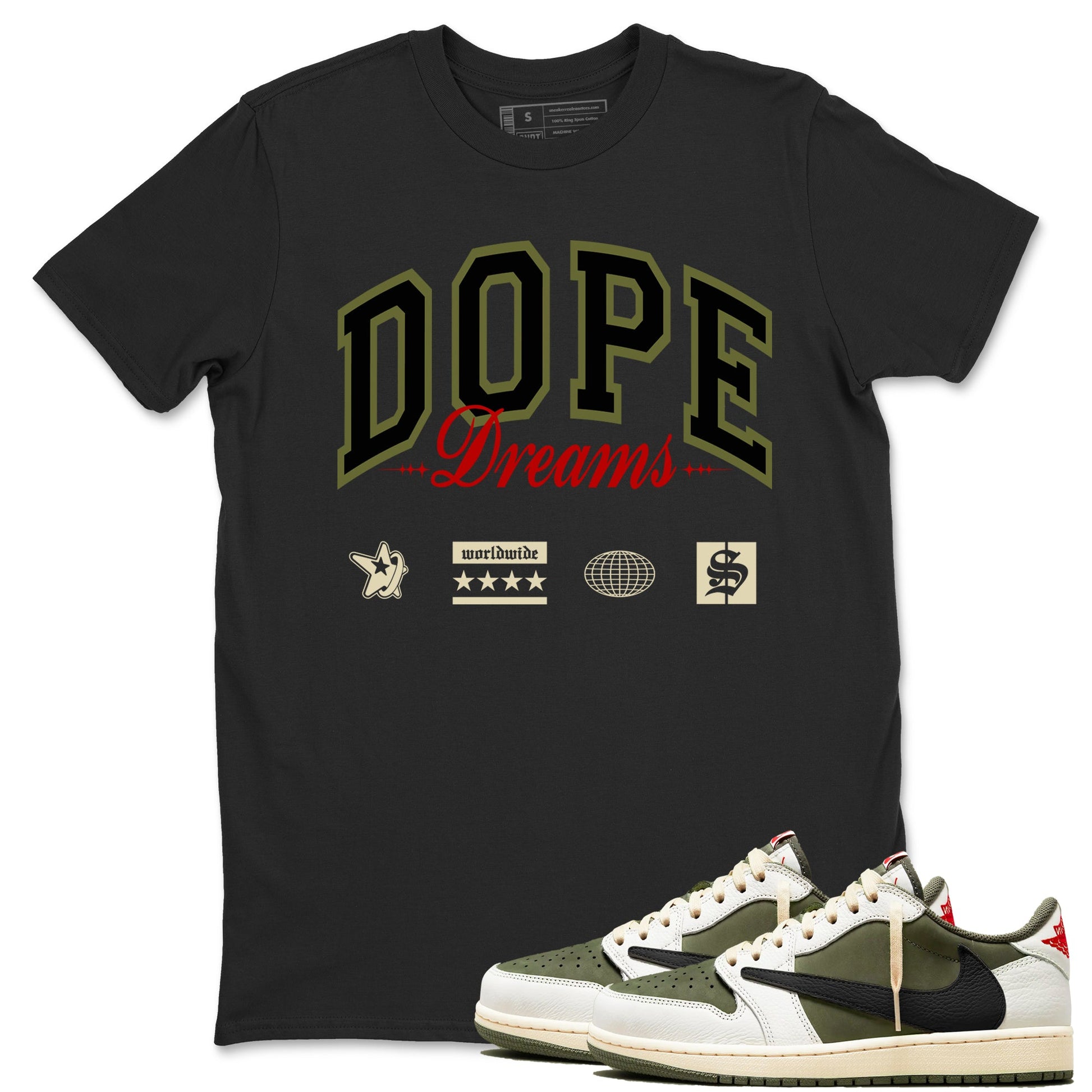 Jordan 1 Olive t shirts to match sneakers Dope Dreams sneaker match tees Air Jordan 1 Low x Travis Scott Reverse Olive tee SNRT Sneaker Tees unisex cotton Black 1 shirts