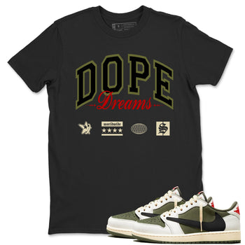 Jordan 1 Olive t shirts to match sneakers Dope Dreams sneaker match tees Air Jordan 1 Low x Travis Scott Reverse Olive tee SNRT Sneaker Tees unisex cotton Black 1 shirts