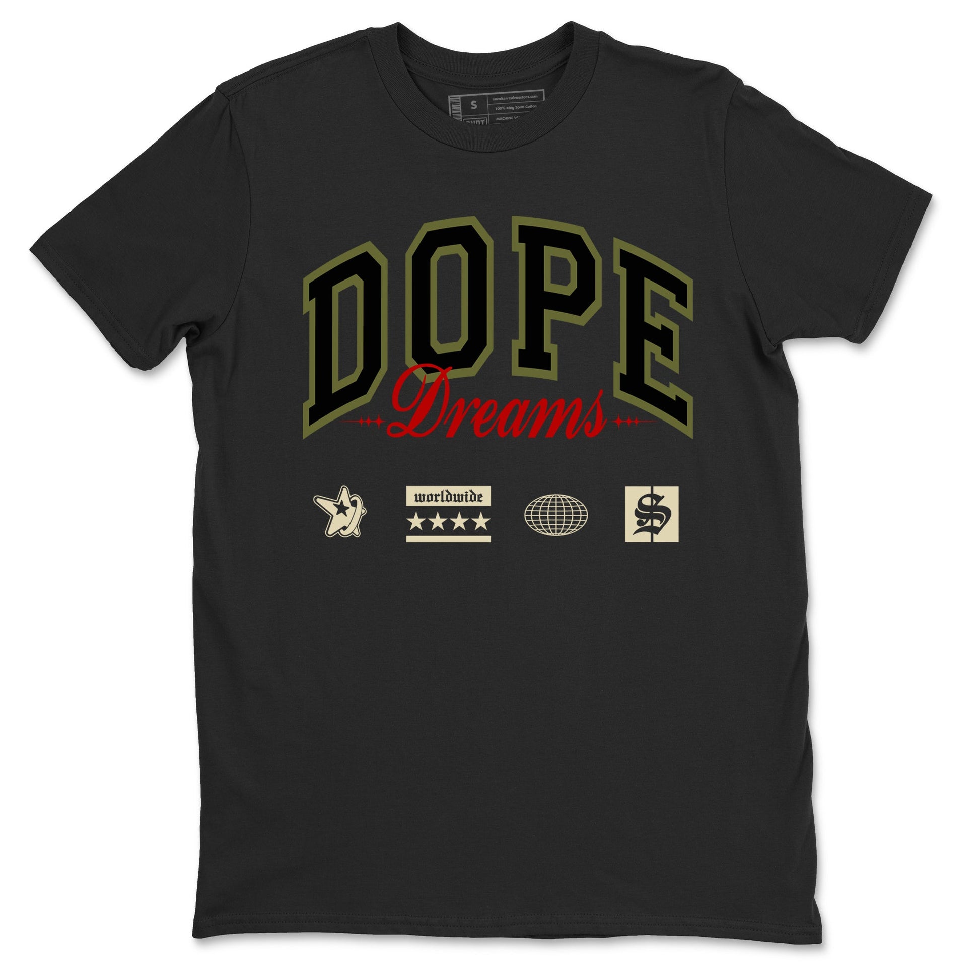 Jordan 1 Olive t shirts to match sneakers Dope Dreams sneaker match tees Air Jordan 1 Low x Travis Scott Reverse Olive tee SNRT Sneaker Tees unisex cotton Black 2 shirts