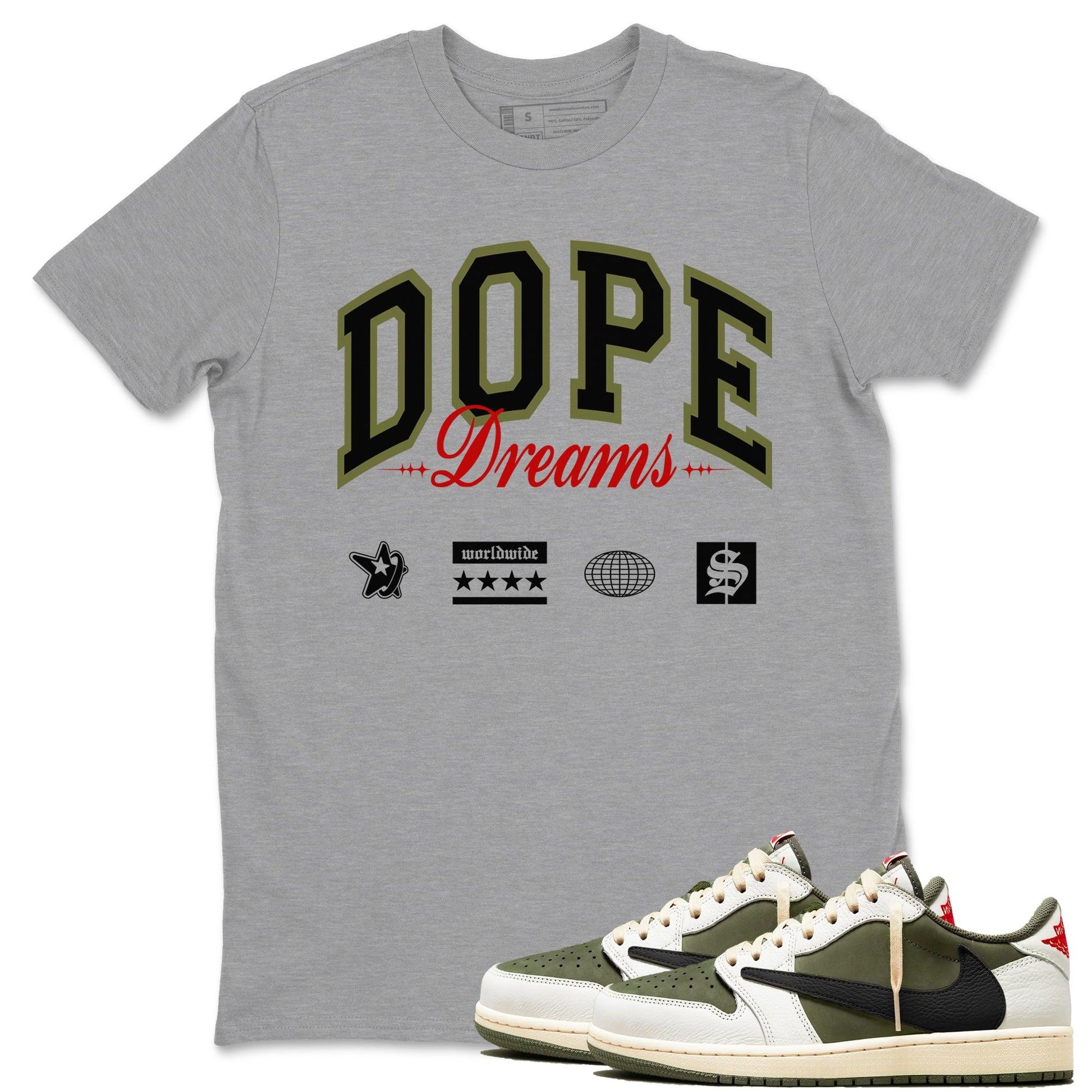 Jordan 1 Olive t shirts to match sneakers Dope Dreams sneaker match tees Air Jordan 1 Low x Travis Scott Reverse Olive tee SNRT Sneaker Tees unisex cotton Heather Grey 1 shirts