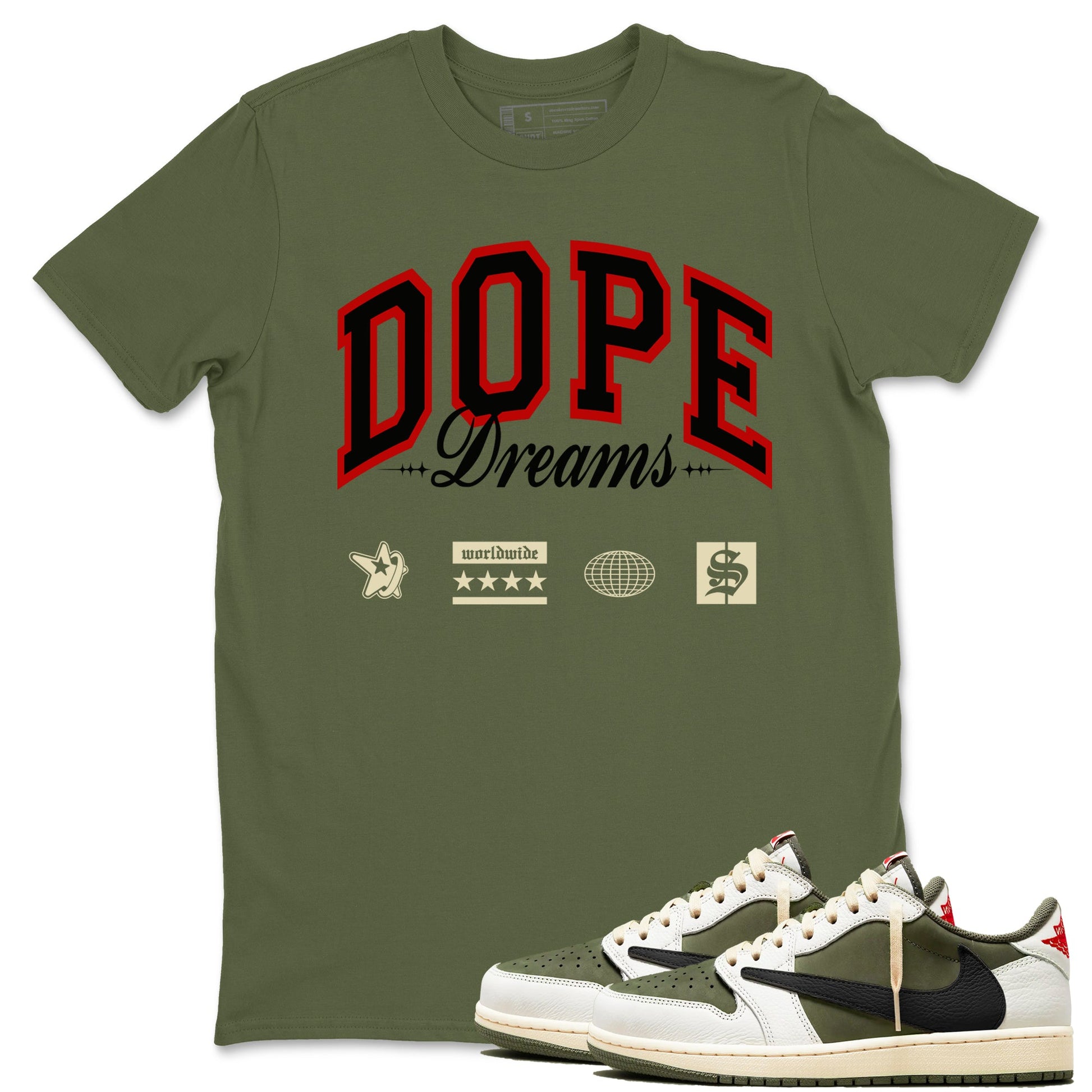 Jordan 1 Olive t shirts to match sneakers Dope Dreams sneaker match tees Air Jordan 1 Low x Travis Scott Reverse Olive tee SNRT Sneaker Tees unisex cotton Military Green 1 shirts