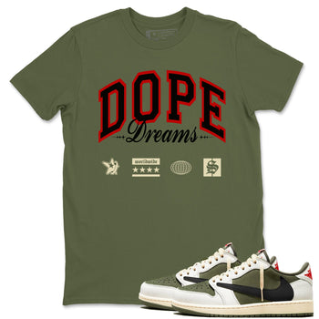 Jordan 1 Olive t shirts to match sneakers Dope Dreams sneaker match tees Air Jordan 1 Low x Travis Scott Reverse Olive tee SNRT Sneaker Tees unisex cotton Military Green 1 shirts