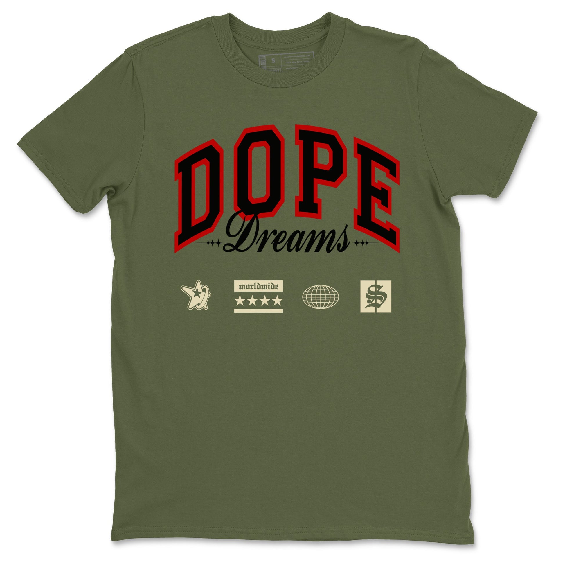 Jordan 1 Olive t shirts to match sneakers Dope Dreams sneaker match tees Air Jordan 1 Low x Travis Scott Reverse Olive tee SNRT Sneaker Tees unisex cotton Military Green 2 shirts