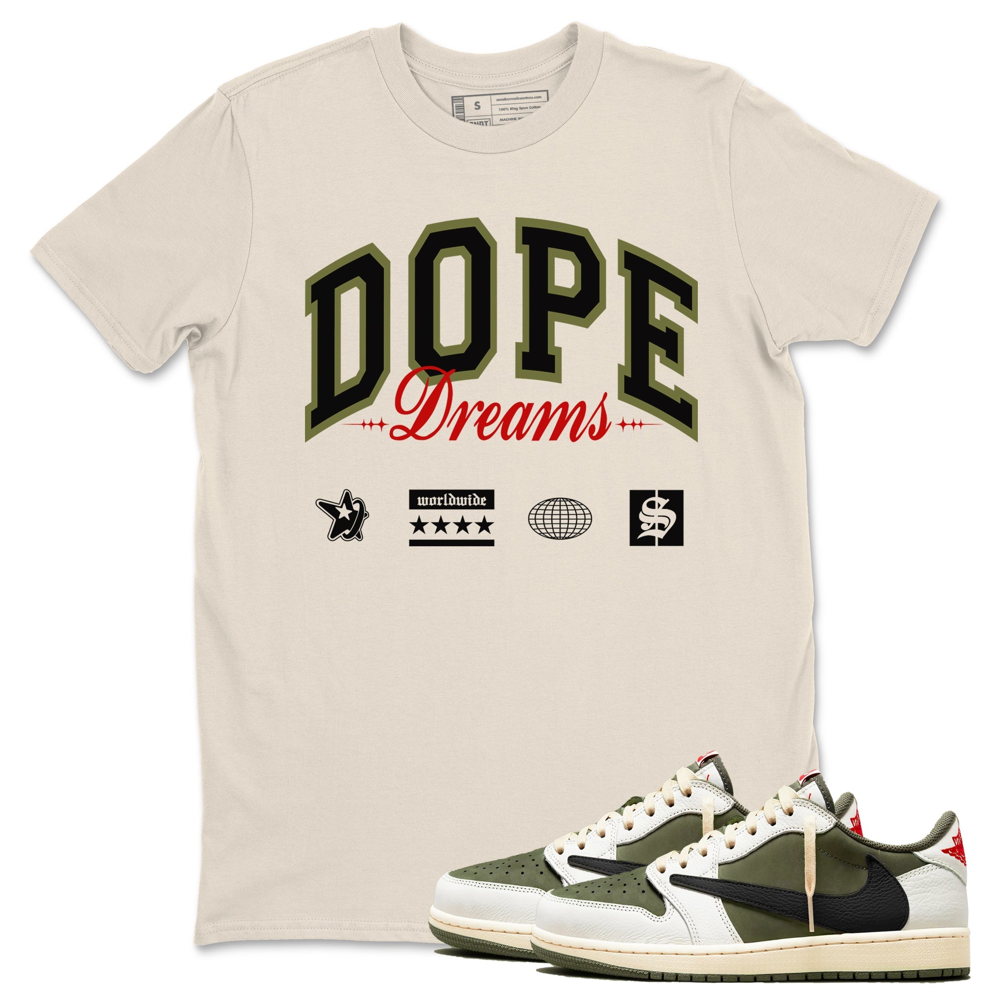 Jordan 1 Olive t shirts to match sneakers Dope Dreams sneaker match tees Air Jordan 1 Low x Travis Scott Reverse Olive tee SNRT Sneaker Tees unisex cotton Natural 1 shirts