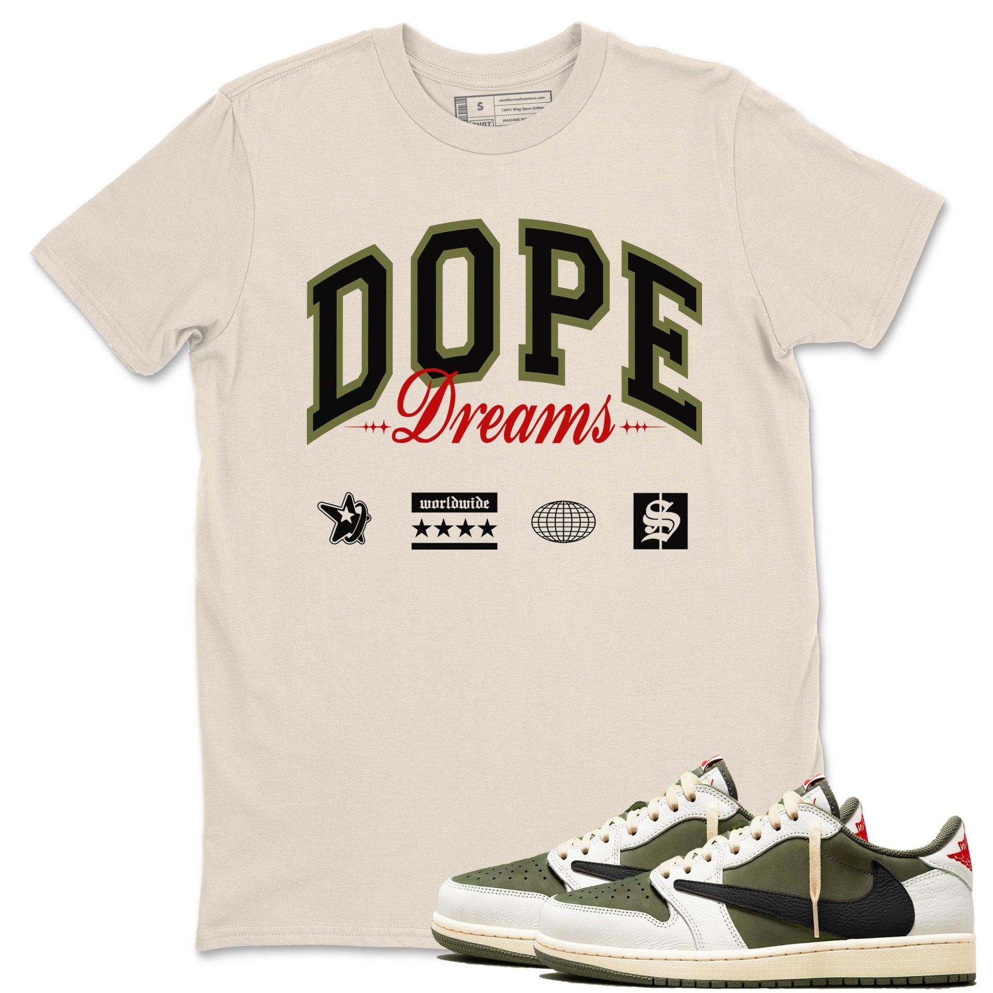 Jordan 1 Olive t shirts to match sneakers Dope Dreams sneaker match tees Air Jordan 1 Low x Travis Scott Reverse Olive tee SNRT Sneaker Tees unisex cotton Natural 1 shirts