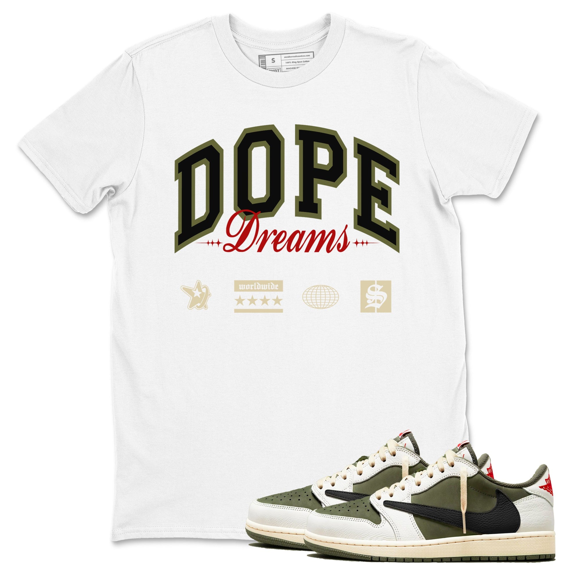 Jordan 1 Olive t shirts to match sneakers Dope Dreams sneaker match tees Air Jordan 1 Low x Travis Scott Reverse Olive tee SNRT Sneaker Tees unisex cotton White 1 shirts