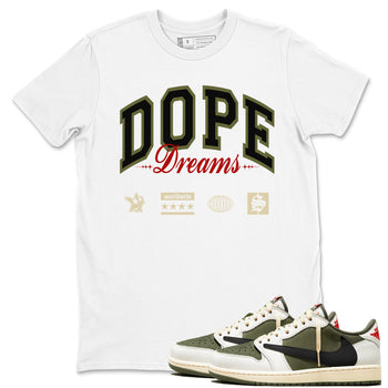 Jordan 1 Olive t shirts to match sneakers Dope Dreams sneaker match tees Air Jordan 1 Low x Travis Scott Reverse Olive tee SNRT Sneaker Tees unisex cotton White 1 shirts
