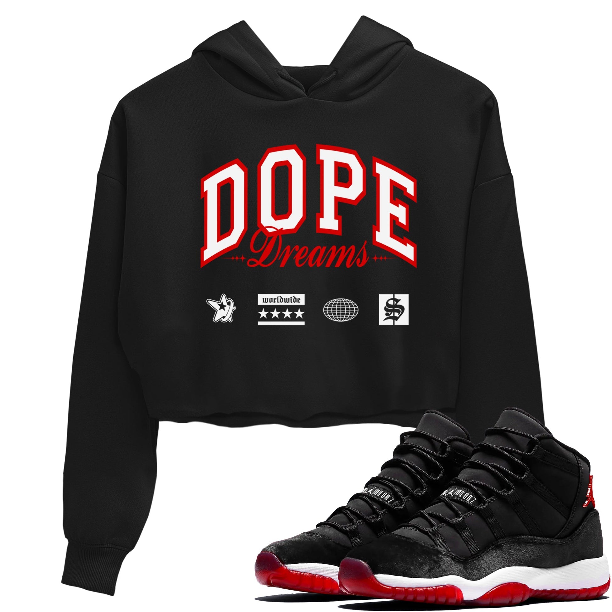 11s Bred Velvet shirts to match jordans Dope Dreams sneaker match tees Air Jordan 11 Bred Velvet SNRT Sneaker Release Tees unisex cotton Black 1 Crop Shirts