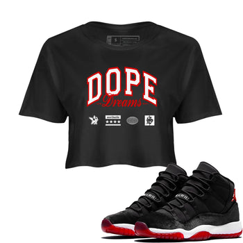 11s Bred Velvet shirts to match jordans Dope Dreams sneaker match tees Air Jordan 11 Bred Velvet SNRT Sneaker Release Tees unisex cotton Black 1 Crop Shirts