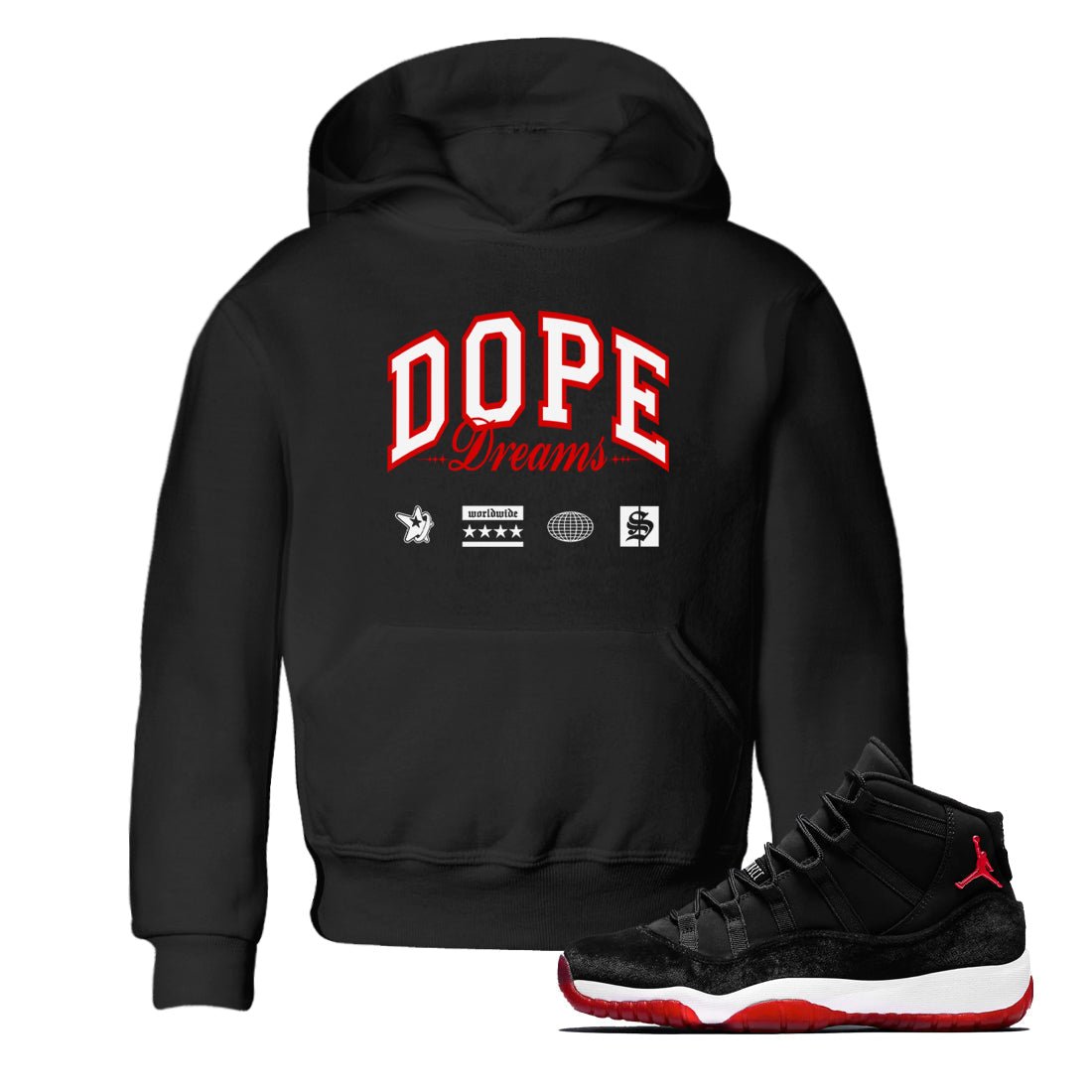 11s Bred Velvet shirts to match jordans Dope Dreams sneaker match tees Air Jordan 11 Bred Velvet SNRT Sneaker Release Tees Youth Baby Black 1 crew neck shirts