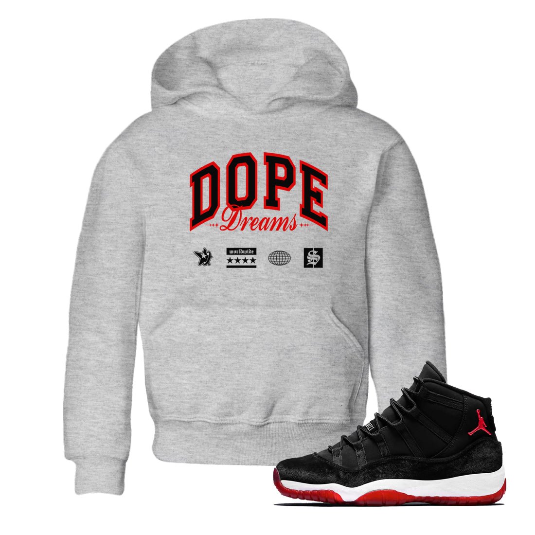 11s Bred Velvet shirts to match jordans Dope Dreams sneaker match tees Air Jordan 11 Bred Velvet SNRT Sneaker Release Tees Youth Baby Heather Grey 1 crew neck shirts