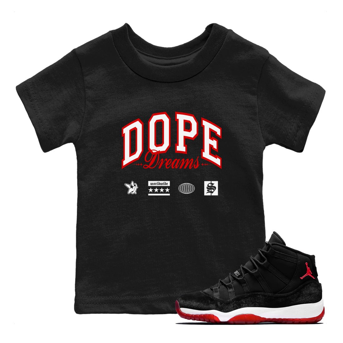 11s Bred Velvet shirts to match jordans Dope Dreams sneaker match tees Air Jordan 11 Bred Velvet SNRT Sneaker Release Tees Youth Baby Black 1 crew neck shirts