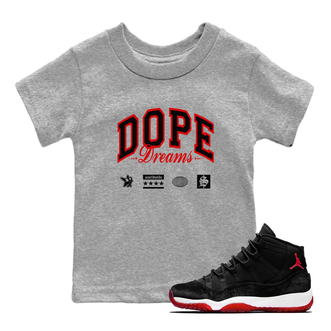 11s Bred Velvet shirts to match jordans Dope Dreams sneaker match tees Air Jordan 11 Bred Velvet SNRT Sneaker Release Tees Youth Baby Heather Grey 1 crew neck shirts