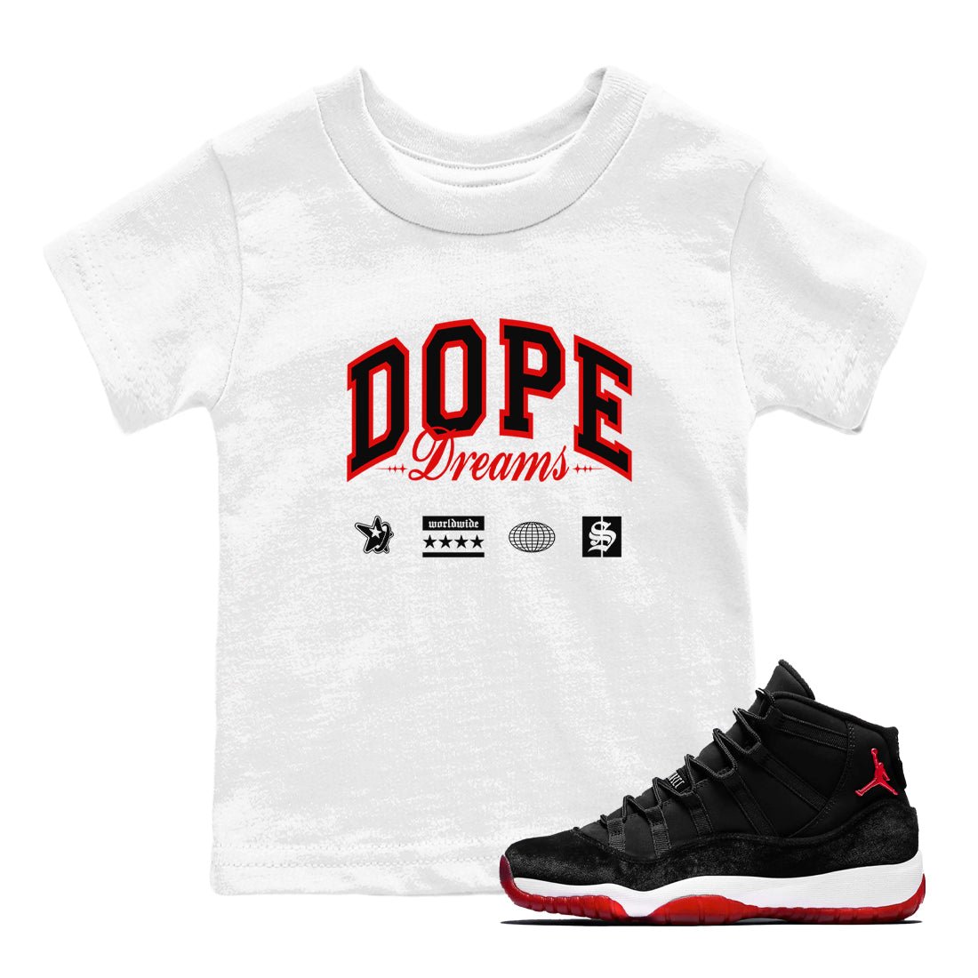 11s Bred Velvet shirts to match jordans Dope Dreams sneaker match tees Air Jordan 11 Bred Velvet SNRT Sneaker Release Tees Youth Baby White 1 crew neck shirts