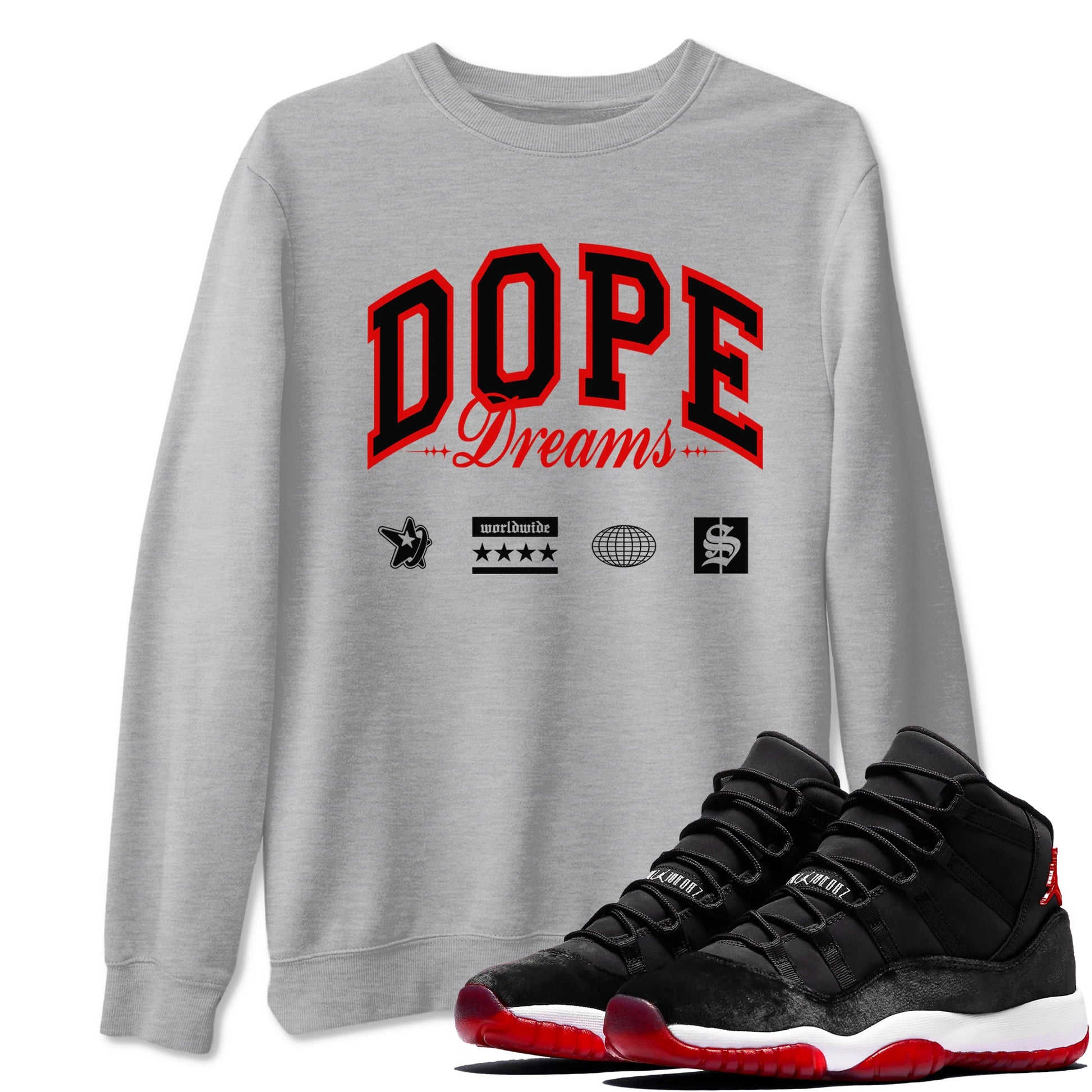 11s Bred Velvet shirts to match jordans Dope Dreams sneaker match tees Air Jordan 11 Bred Velvet SNRT Sneaker Release Tees unisex cotton Heather Grey 1 crew neck shirts