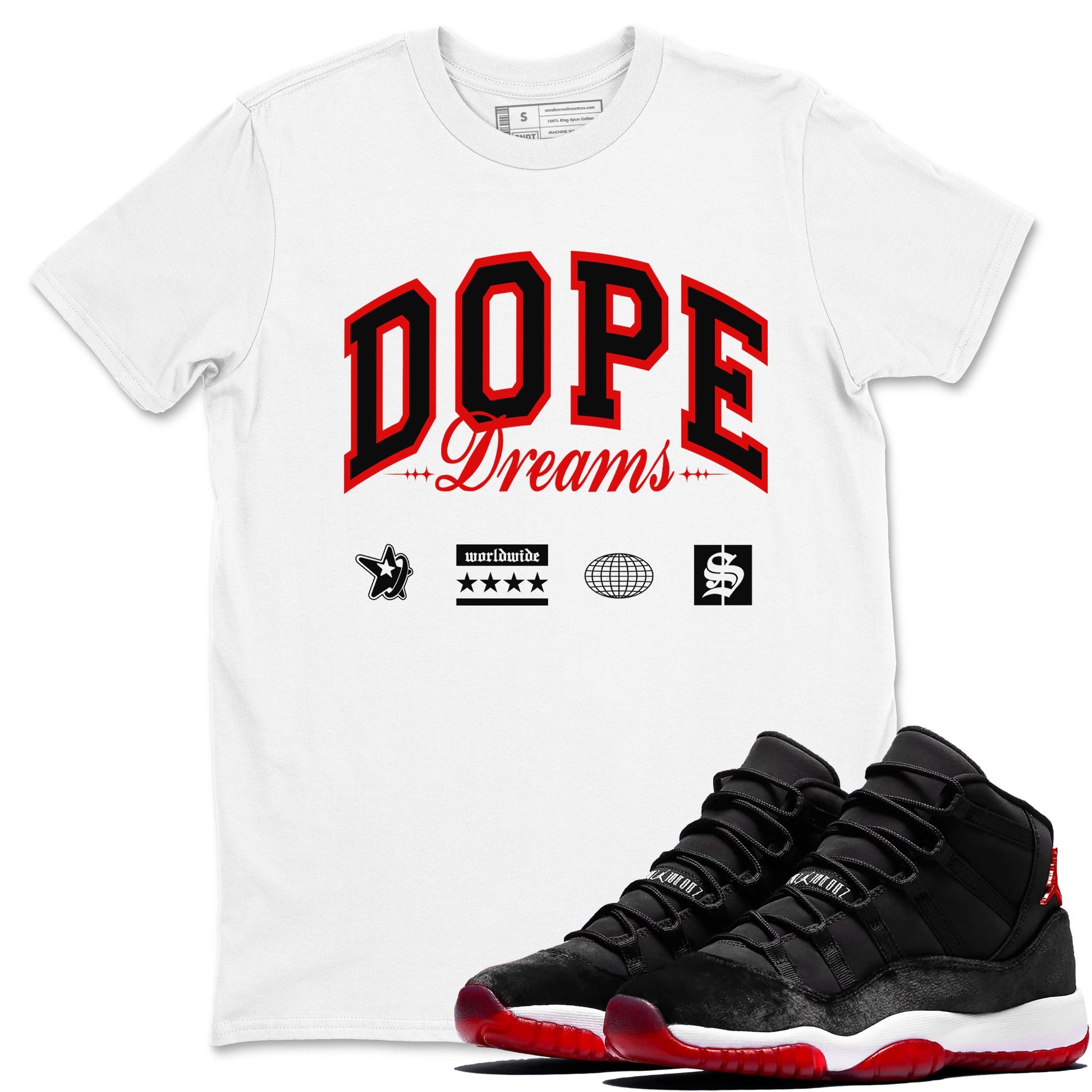 11s Bred Velvet shirts to match jordans Dope Dreams sneaker match tees Air Jordan 11 Bred Velvet SNRT Sneaker Release Tees unisex cotton White 1 crew neck shirts