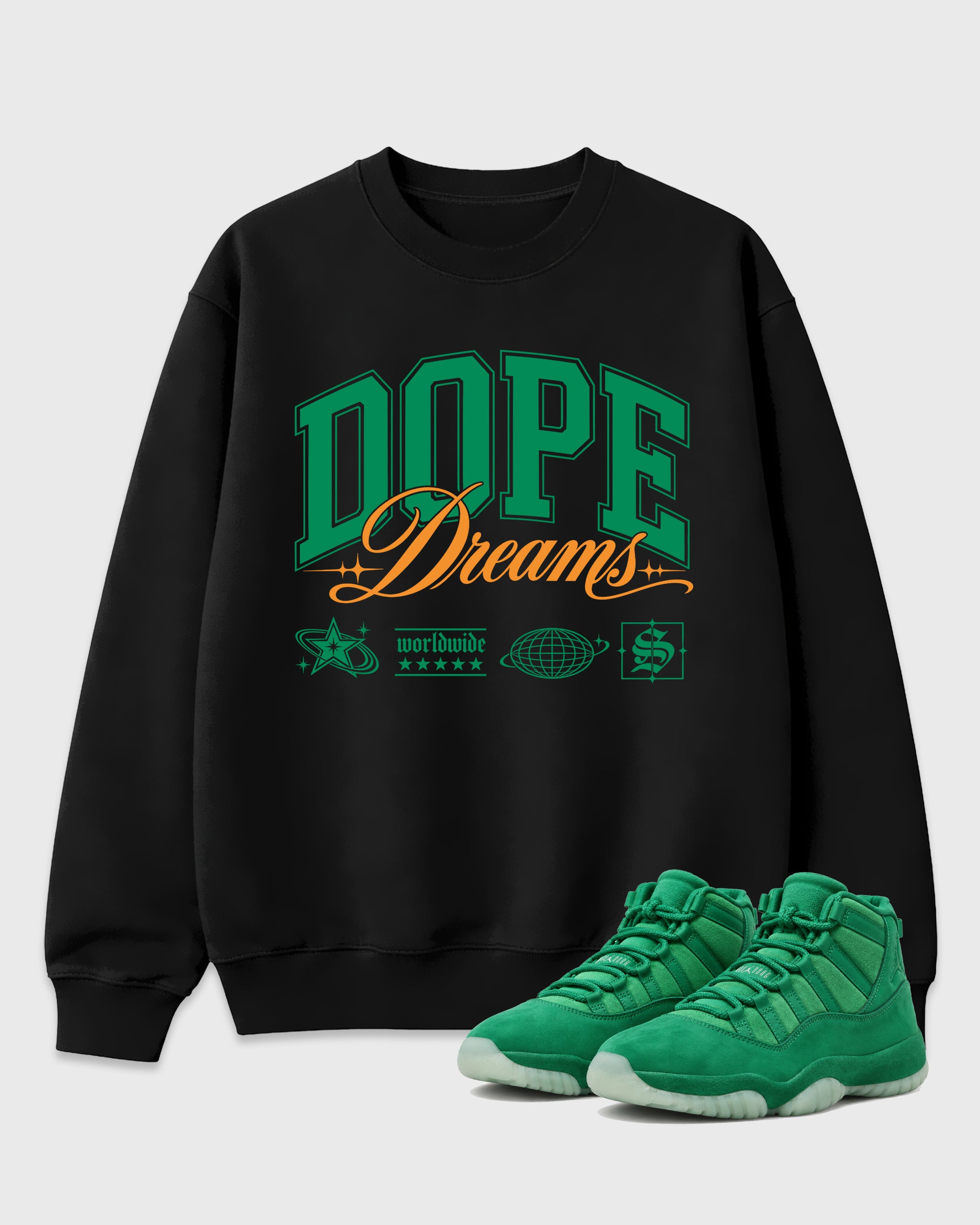 Dope Dreams Graphic T-Shirt featuring original streetwear artwork designed to match the Air Jordan 11 Green Screen. Black 1 Graphic Tee.