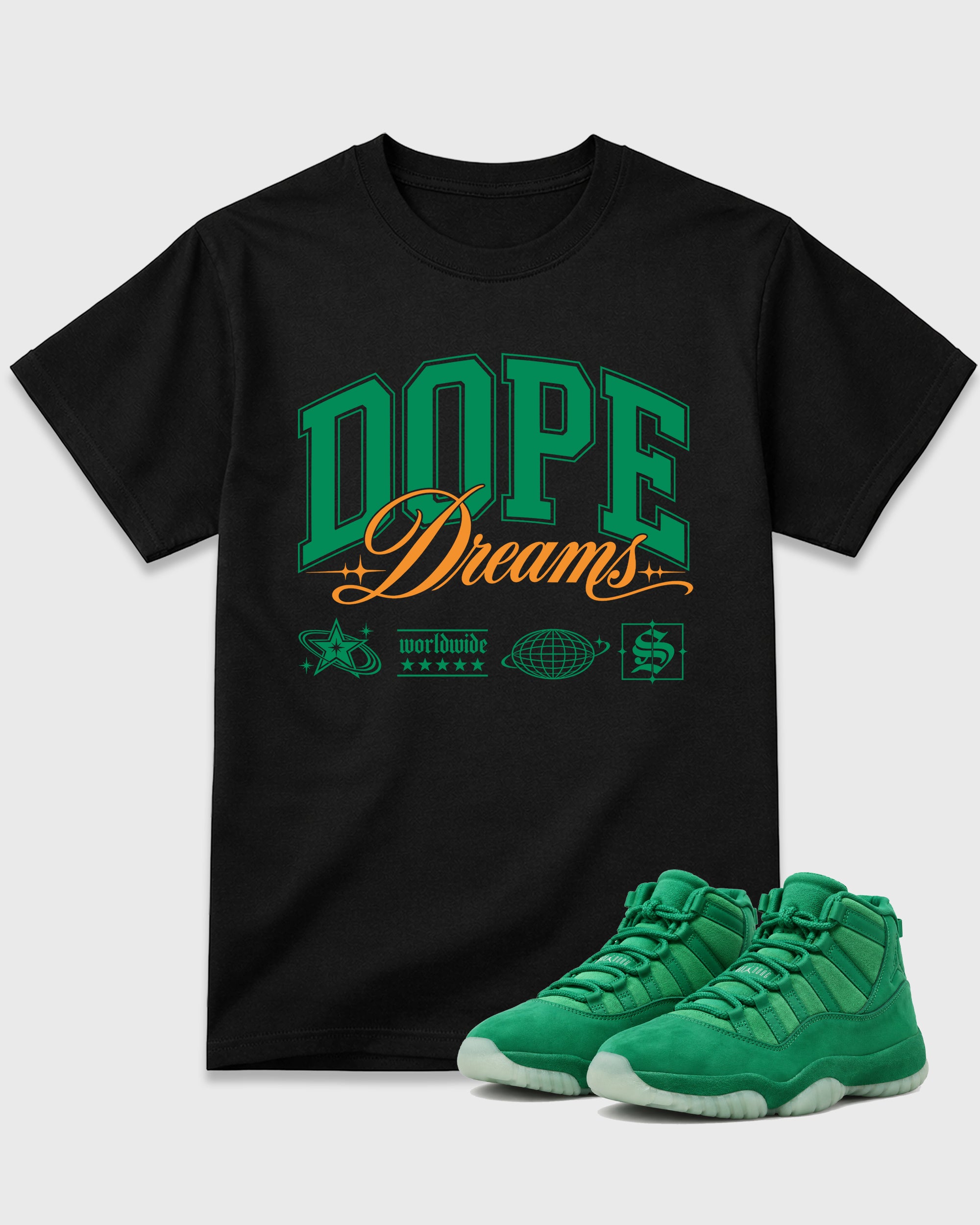 Dope Dreams Graphic T-Shirt featuring original streetwear artwork designed to match the Air Jordan 11 Green Screen. Black 1 Graphic T-Shirt.