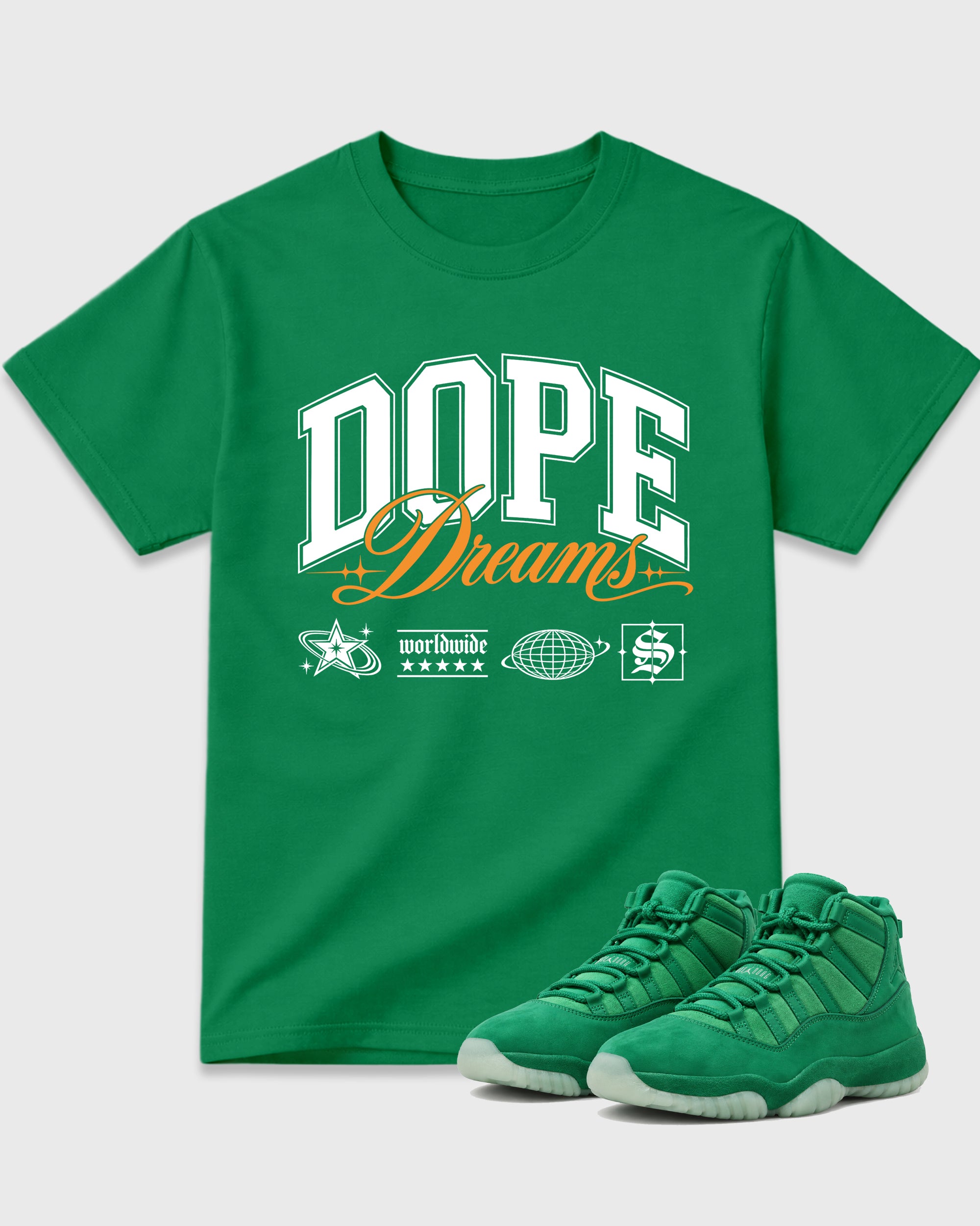 Dope Dreams Graphic T-Shirt featuring original streetwear artwork designed to match the Air Jordan 11 Green Screen. Kelly Green 1 Graphic T-Shirt.