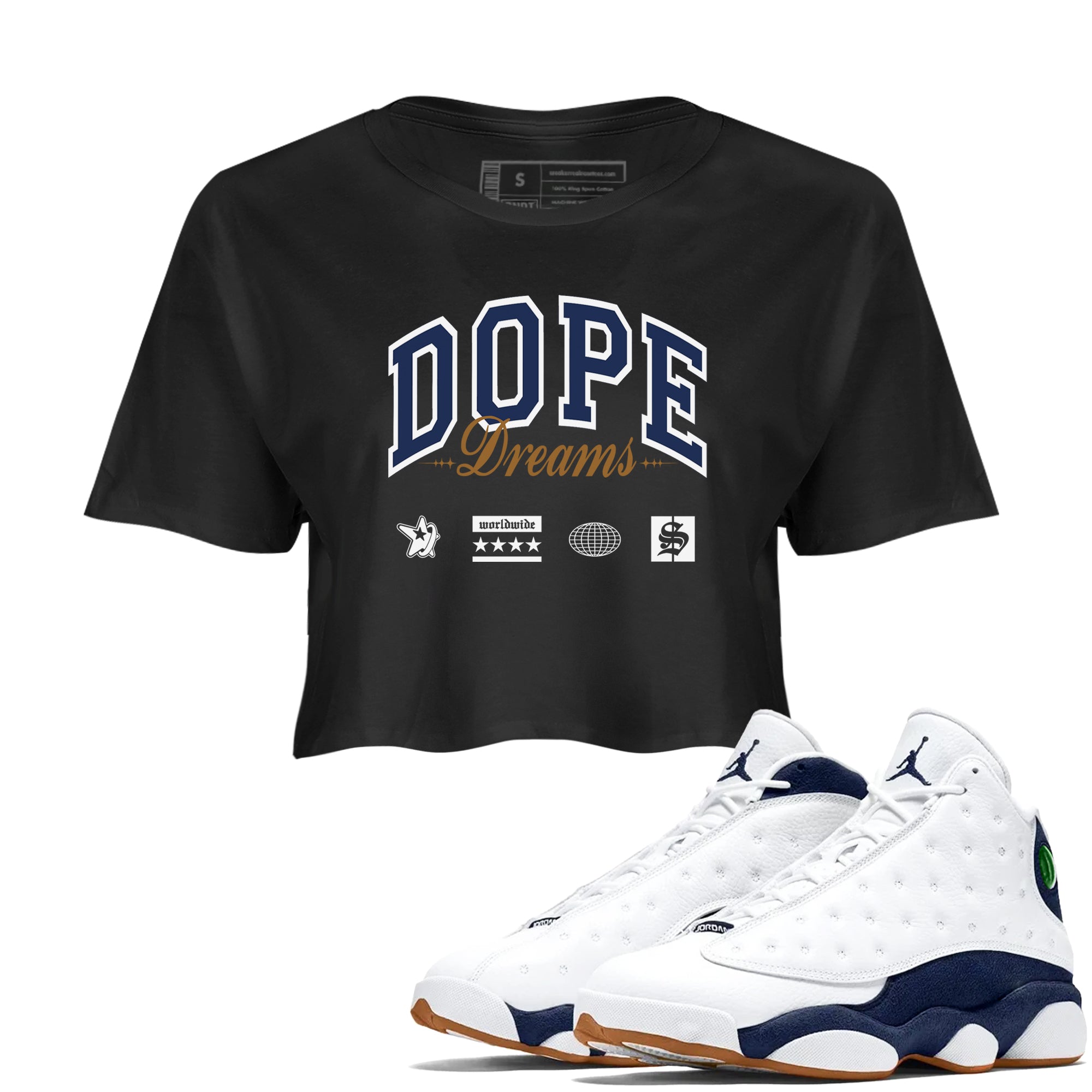 13s Midnight Navy shirts to match jordans Dope Dreams sneaker match tees Air Jordan 13 Midnight Navy SNRT Sneaker Release Tees unisex cotton Black 1 Crop Shirts