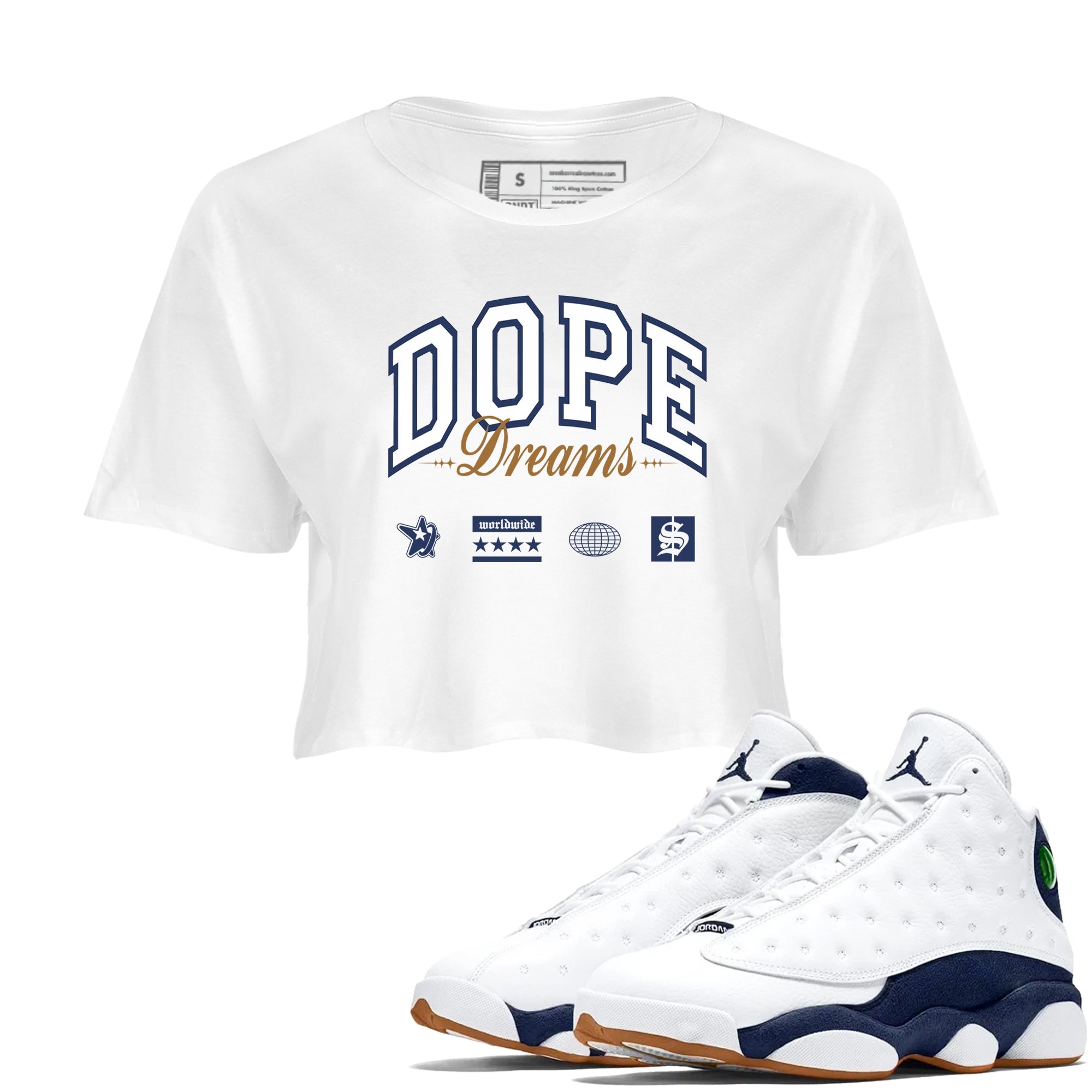 13s Midnight Navy shirts to match jordans Dope Dreams sneaker match tees Air Jordan 13 Midnight Navy SNRT Sneaker Release Tees unisex cotton White 1 Crop Shirts