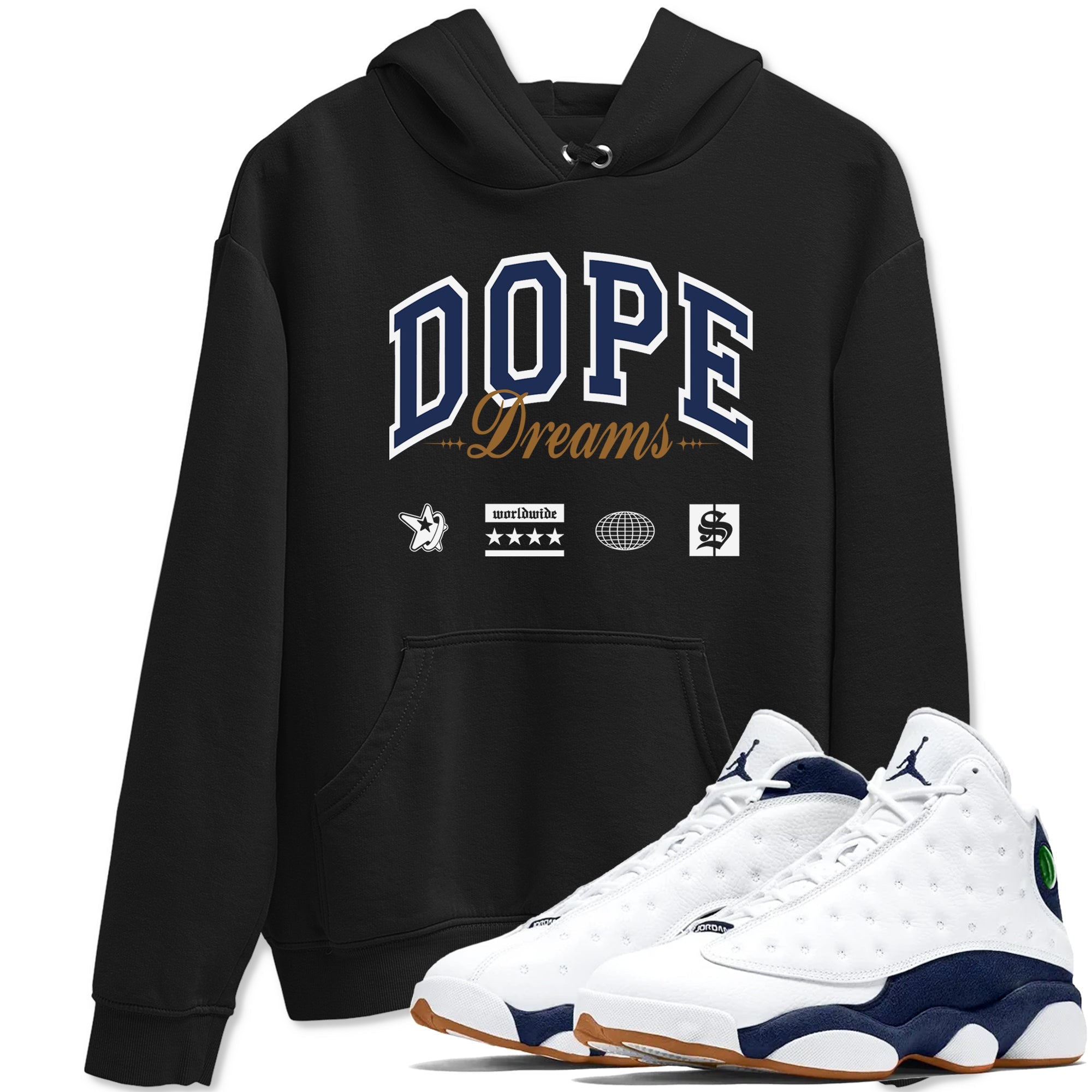 13s Midnight Navy shirts to match jordans Dope Dreams sneaker match tees Air Jordan 13 Midnight Navy SNRT Sneaker Release Tees unisex cotton Black 1 crew neck shirts