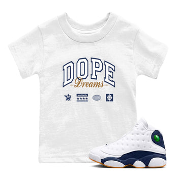 13s Midnight Navy shirts to match jordans Dope Dreams sneaker match tees Air Jordan 13 Midnight Navy SNRT Sneaker Release Tees Youth Baby White 1 crew neck shirts