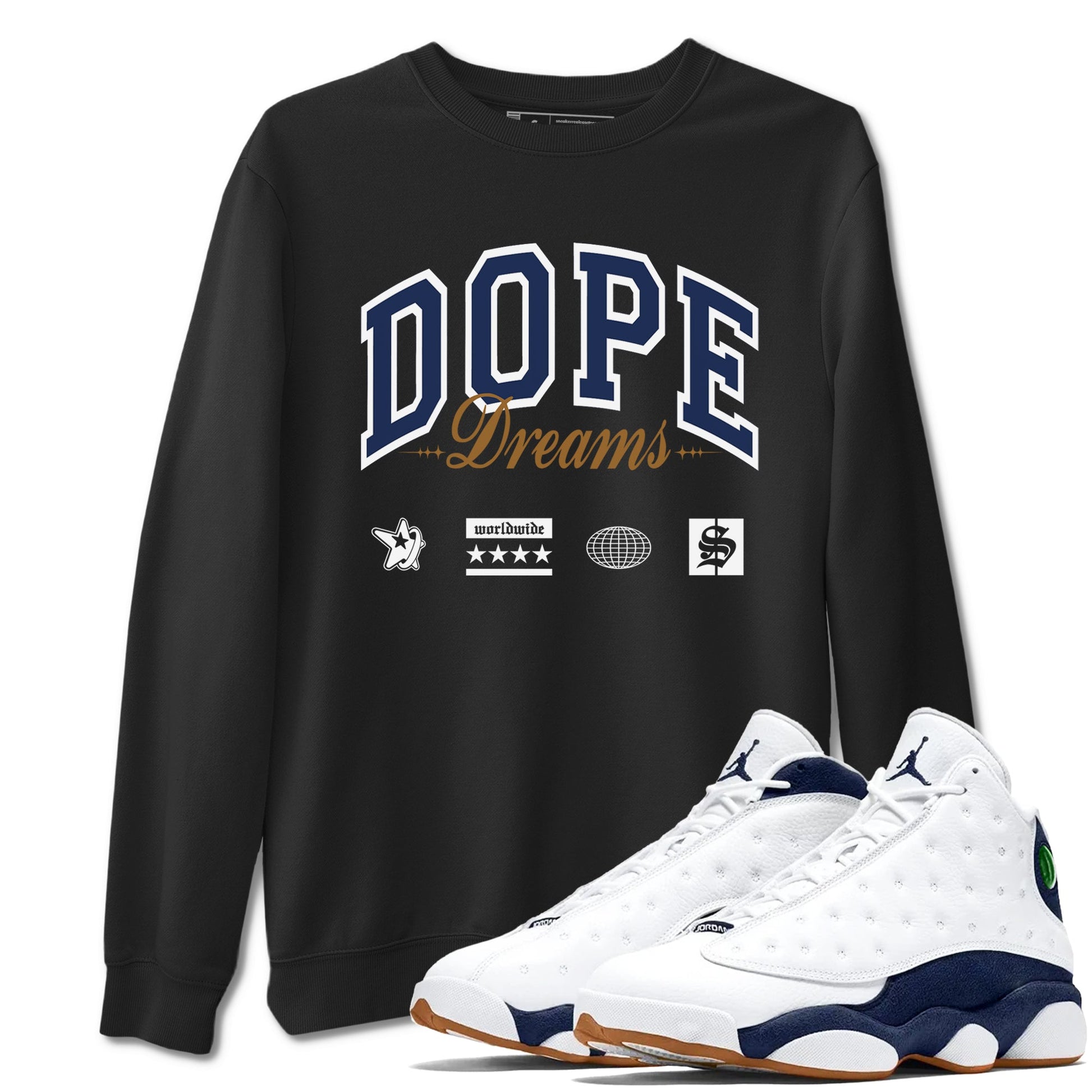 13s Midnight Navy shirts to match jordans Dope Dreams sneaker match tees Air Jordan 13 Midnight Navy SNRT Sneaker Release Tees unisex cotton Black 1 crew neck shirts