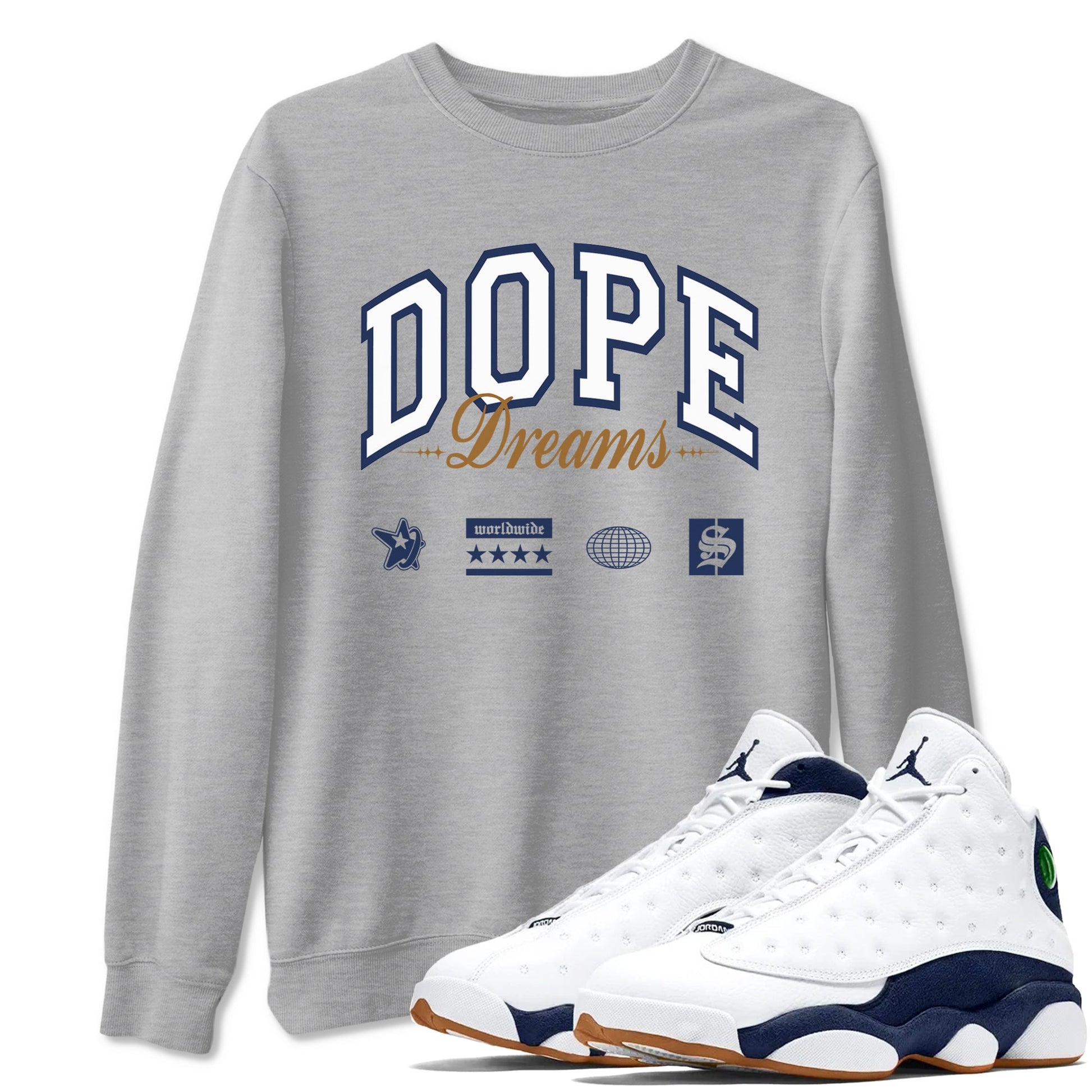 13s Midnight Navy shirts to match jordans Dope Dreams sneaker match tees Air Jordan 13 Midnight Navy SNRT Sneaker Release Tees unisex cotton Heather Grey 1 crew neck shirts