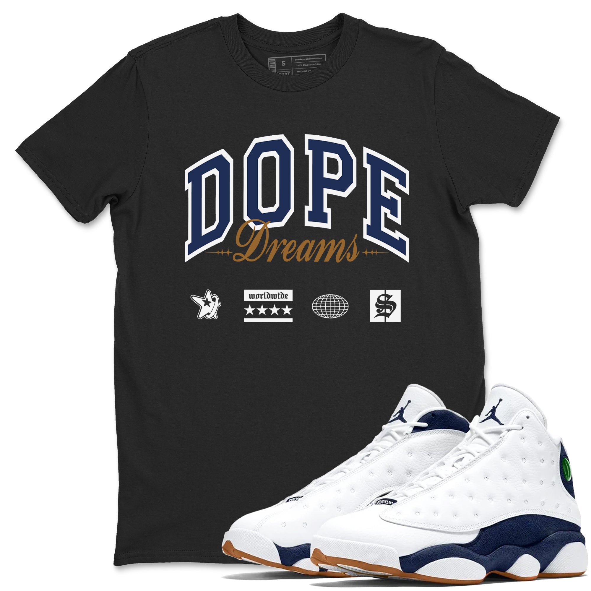 13s Midnight Navy shirts to match jordans Dope Dreams sneaker match tees Air Jordan 13 Midnight Navy SNRT Sneaker Release Tees unisex cotton Black 1 crew neck shirts