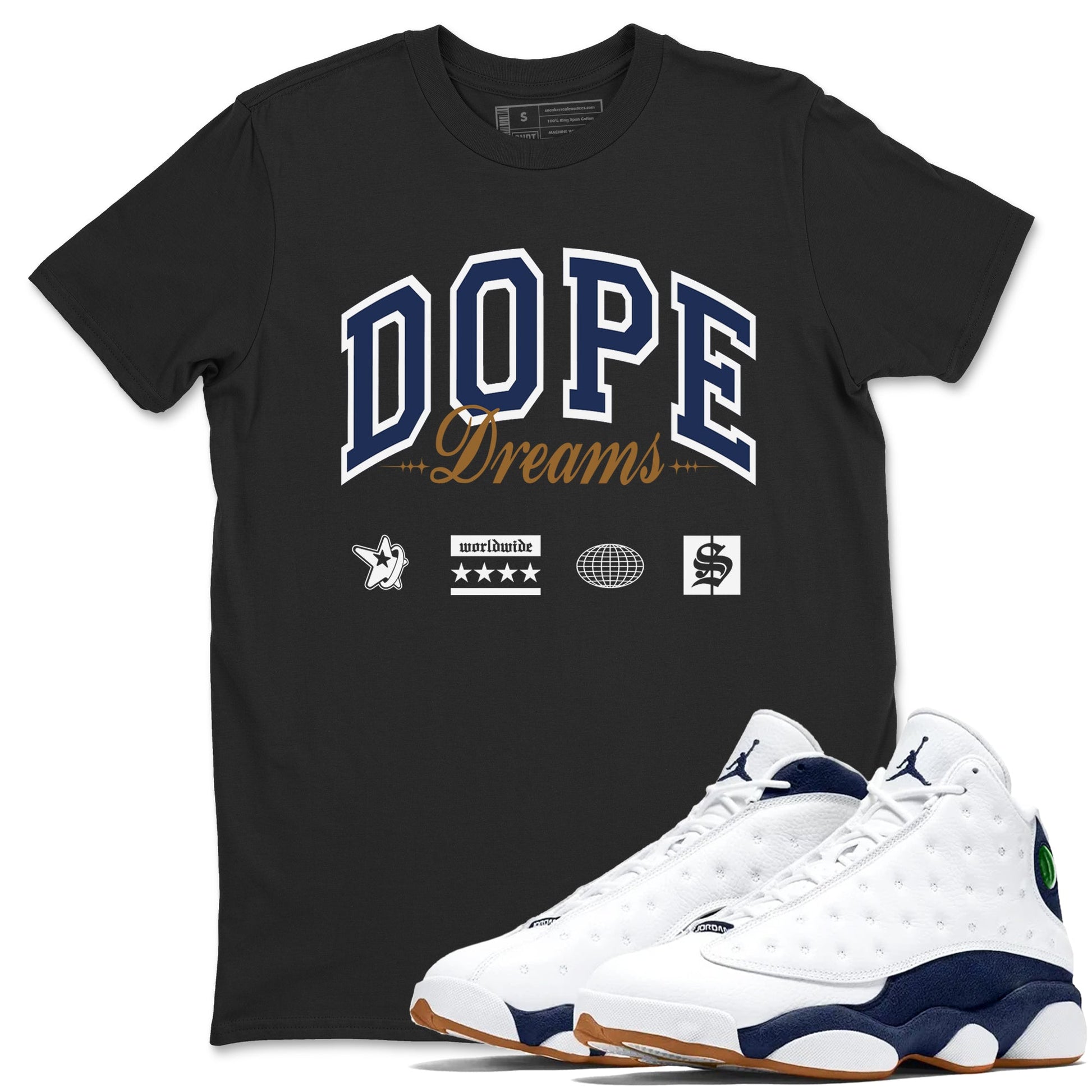 13s Midnight Navy shirts to match jordans Dope Dreams sneaker match tees Air Jordan 13 Midnight Navy SNRT Sneaker Release Tees unisex cotton Black 1 crew neck shirts