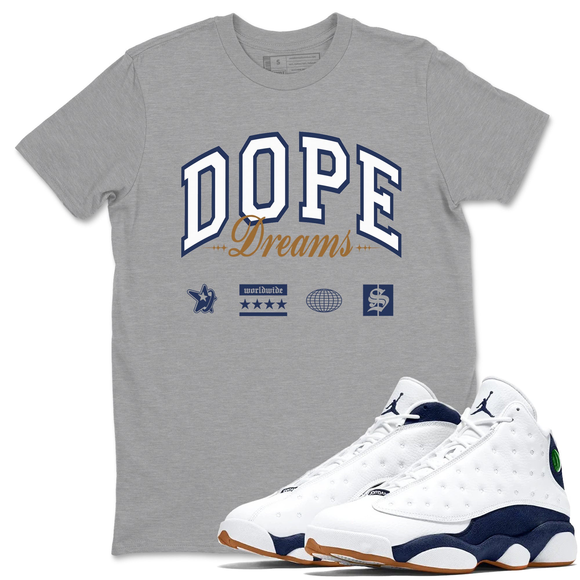 13s Midnight Navy shirts to match jordans Dope Dreams sneaker match tees Air Jordan 13 Midnight Navy SNRT Sneaker Release Tees unisex cotton Heather Grey 1 crew neck shirts