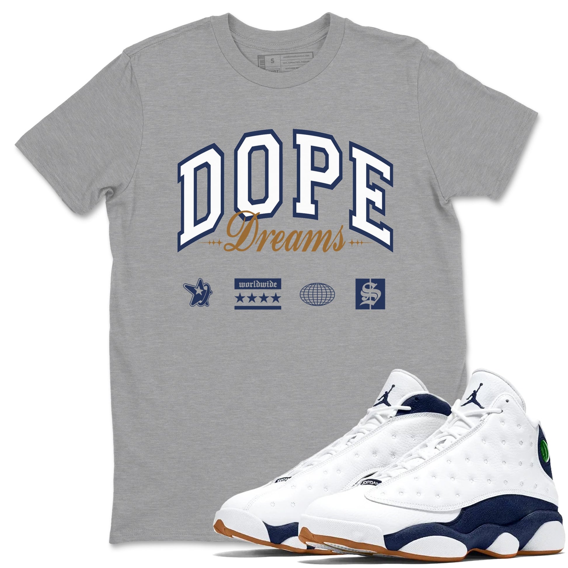 13s Midnight Navy shirts to match jordans Dope Dreams sneaker match tees Air Jordan 13 Midnight Navy SNRT Sneaker Release Tees unisex cotton Heather Grey 1 crew neck shirts
