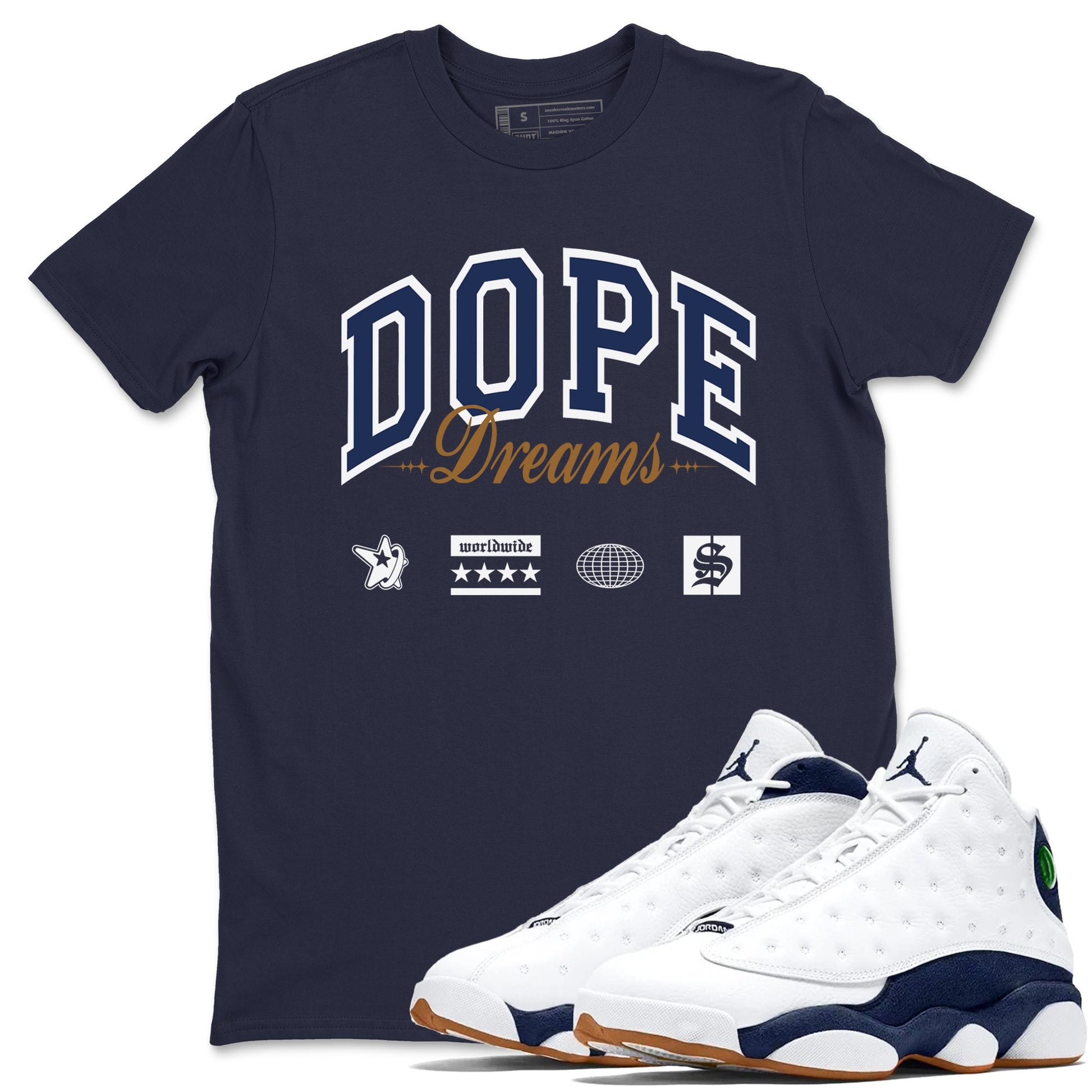 13s Midnight Navy shirts to match jordans Dope Dreams sneaker match tees Air Jordan 13 Midnight Navy SNRT Sneaker Release Tees unisex cotton Navy 1 crew neck shirts